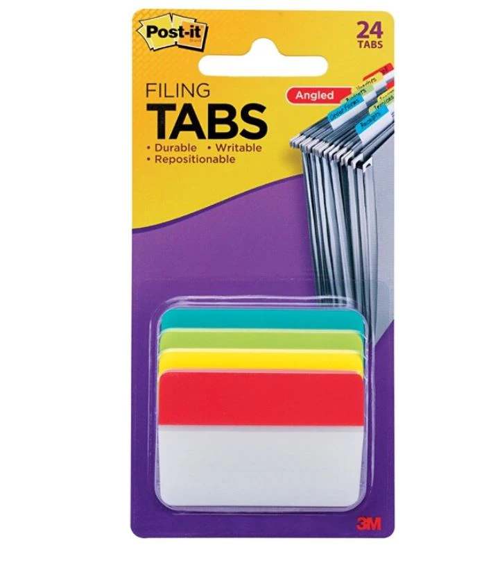 Post-it Durable Hanging File Folder Tabs, 2 Inch, Assorted Colors, 24/Pack