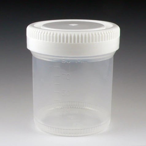 Tite-Rite Specimen Container, 90mL, Polypropylene, Non-Sterile, with Separate Screw Cap, Clear/White, 53mm Opening, 300/Case