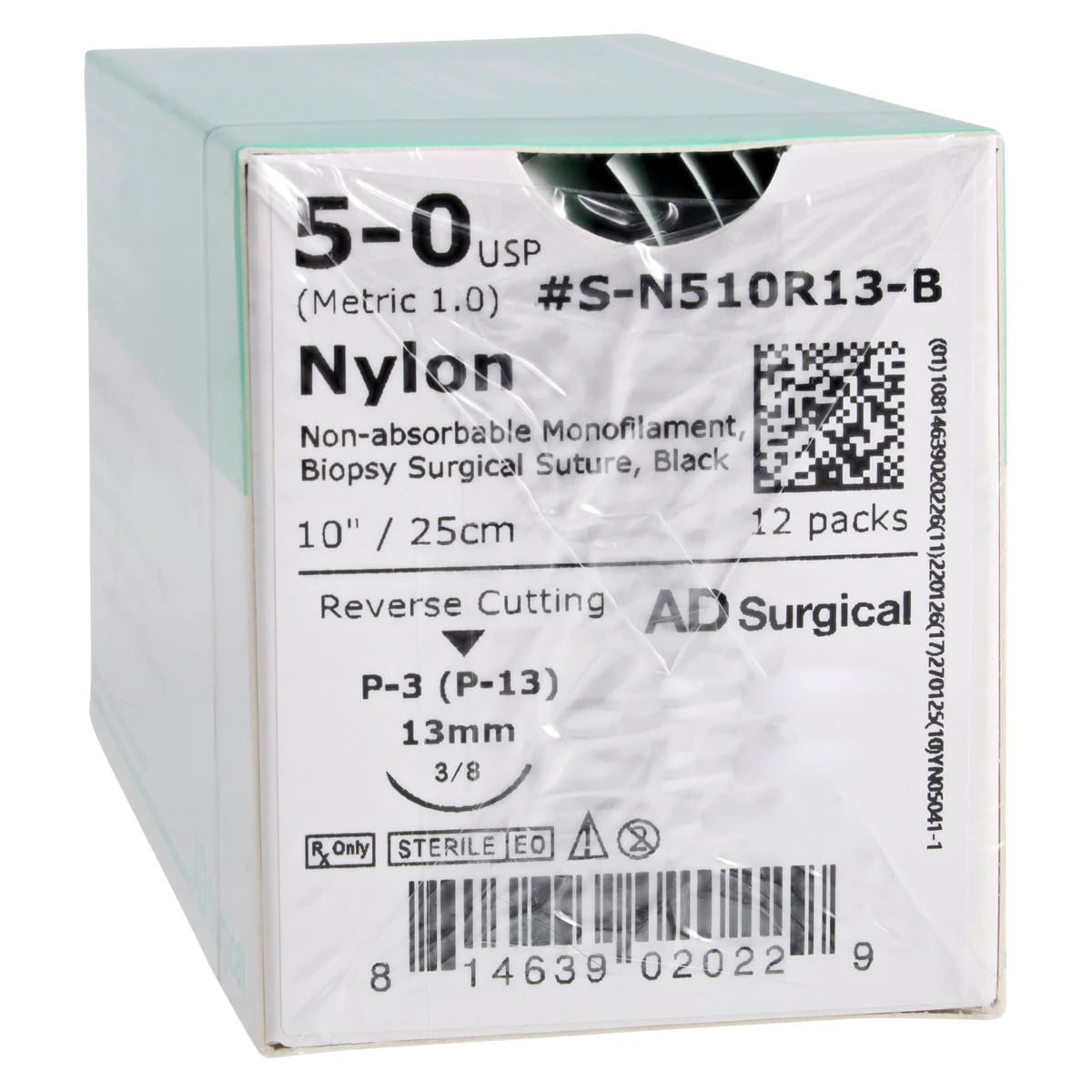 Unify Suture Nylon Monofilament 5-0 10" Non-Absorbable, P-3 Reverse Cutting 3/8 Circle Needle 13mm, Black, 12/Box
