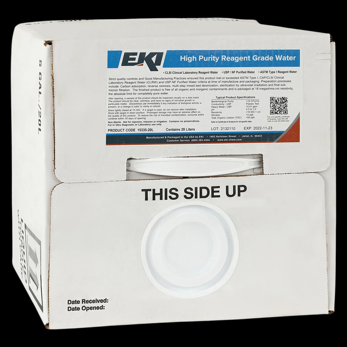 Deionized Water, 20L Cubitainer, NCCLS Type I, 20L/Box
