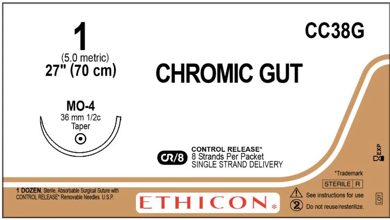 Ethicon Chromic Gut Surgical Suture, Size 1, 27" with MO-4 1/2 Circle Taper Point Needle, Undyed, 12/Box, CC38G