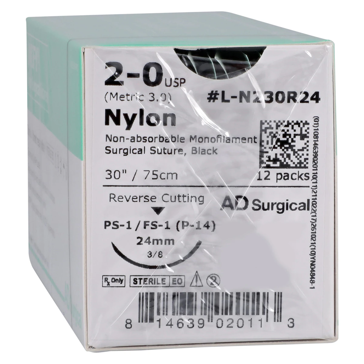 Unify Nylon Monofilament Suture, 2-0, 30", FS-1 Reverse Cutting 3/8 Circle Needle 24mm, Black, Non-Absorbable, 12/Box