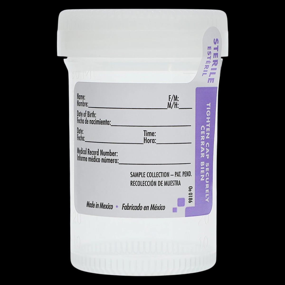 Tite-Rite Urine Collection Container, 90mL, Polypropylene, Sterile, with ID Label and Molded Graduations, White Screw Cap, Clear, 400/Case