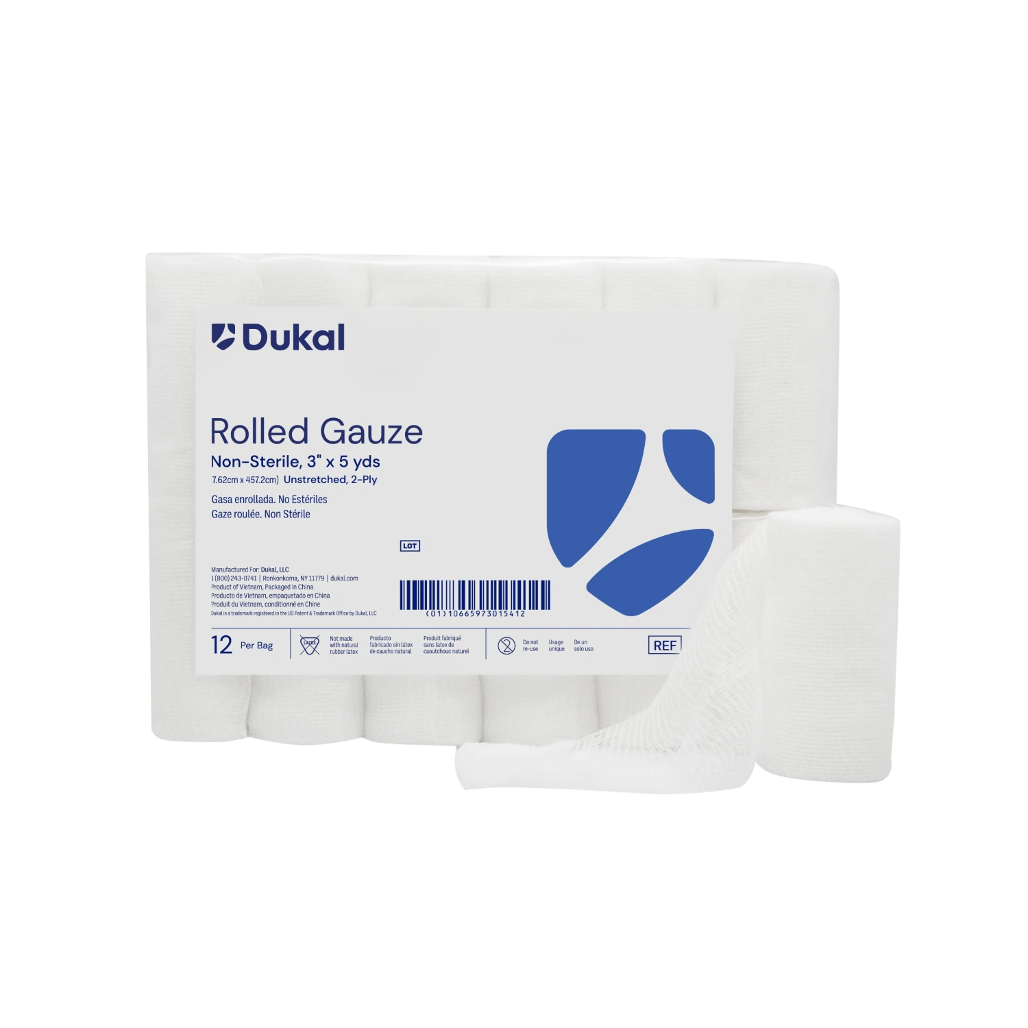 Dukal Gauze Bandage Roll, 2-Ply, Non-Sterile, 3" x 5 yd, 12/Package