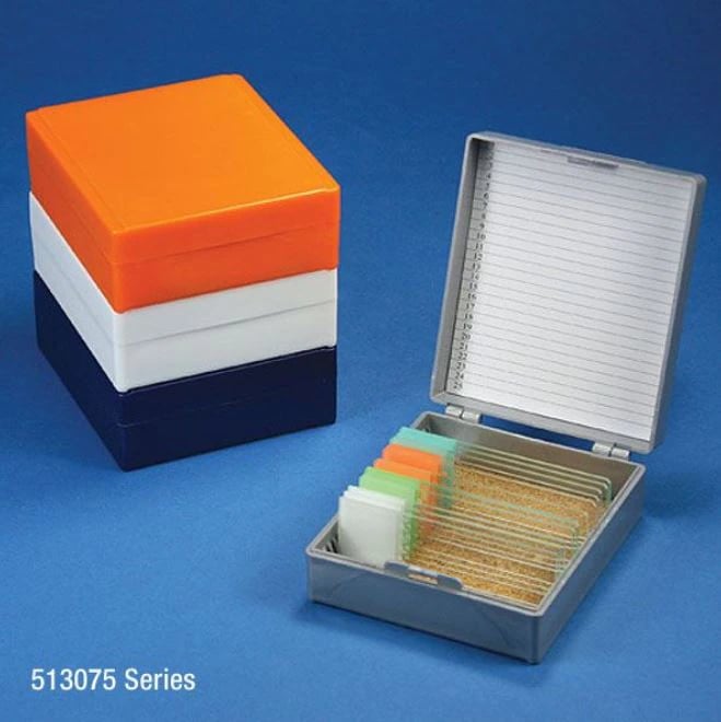 Globe Scientific Microscope Slide Storage Box, 25 Position, Gray, Hinged Lid, ABS Plastic, Cork Lined