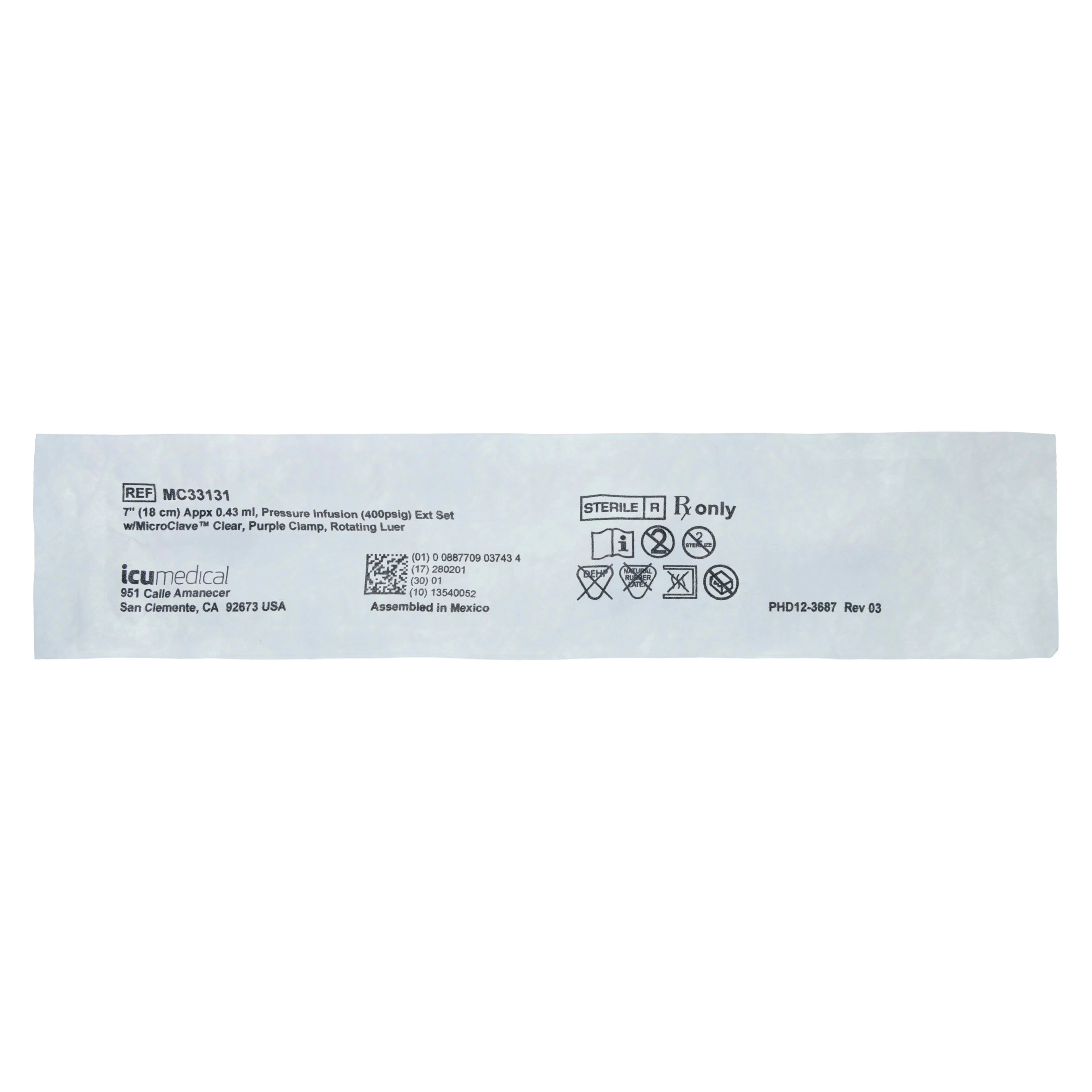 ICU Medical IV Extension Set with MicroClave, 7" Rotating Adapter, Priming Volume 0.39 mL, Sterile, 50/Case