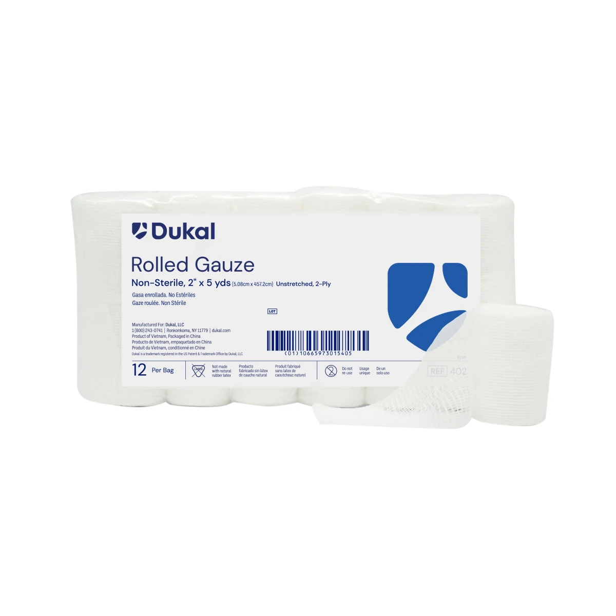Dukal Gauze Bandage Roll, 2 Ply, Non-Sterile, 2" x 5 yd, 12/Package
