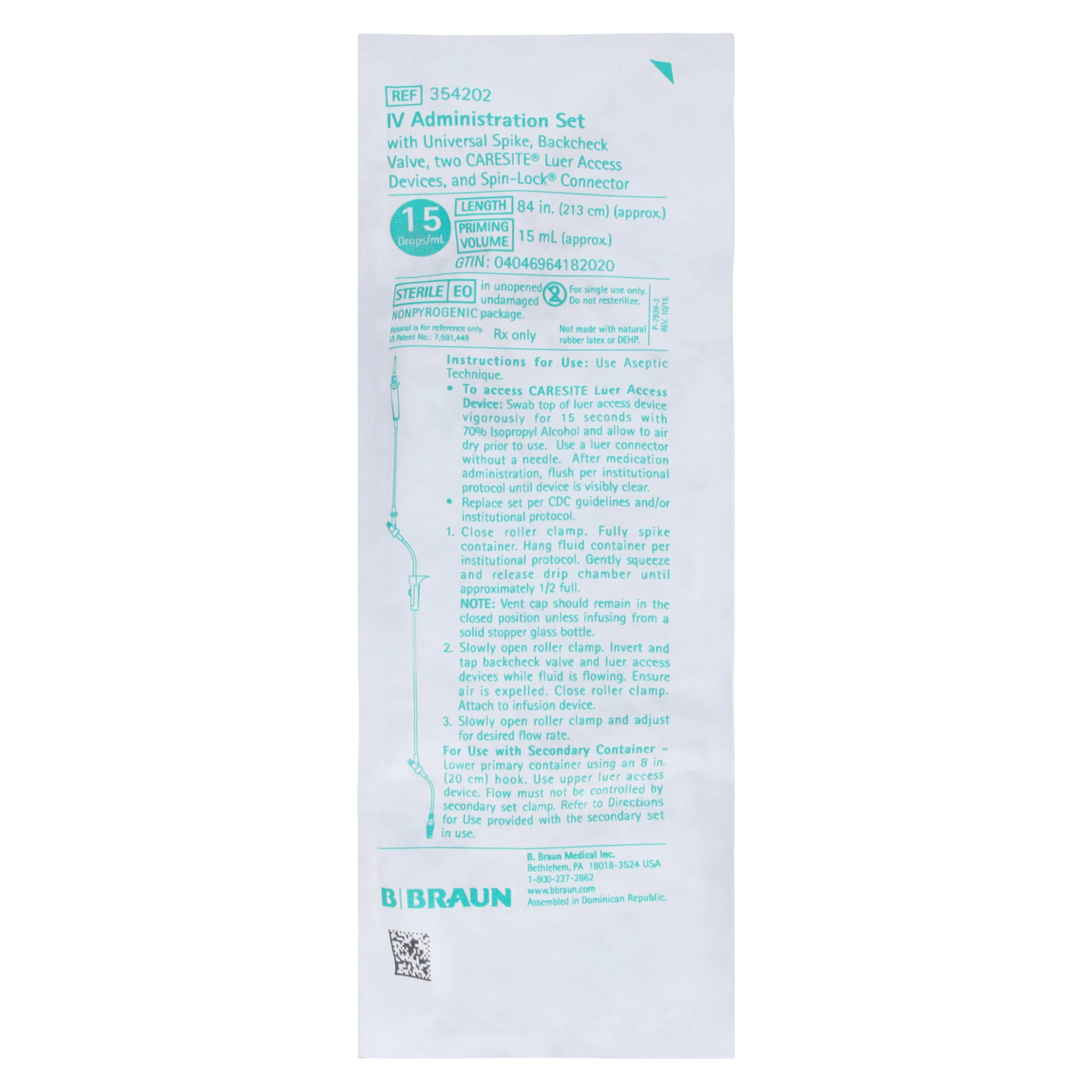 B. Braun IV Set Primary Gravity, Needleless, 2 Injection Sites, 84" Length, 15 Drops/mL, SPIN-LOCK Connector, 50/Case