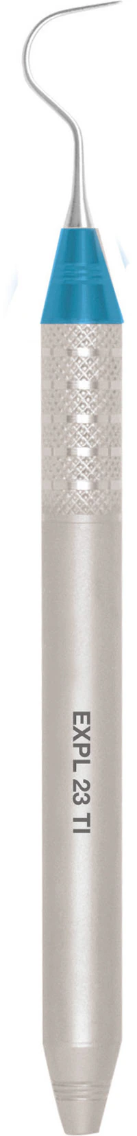 A Titan Instruments Titanium Implant Explorer Single Ended, Size 23, Blue D-Lite Handle, EXPL 23 TI