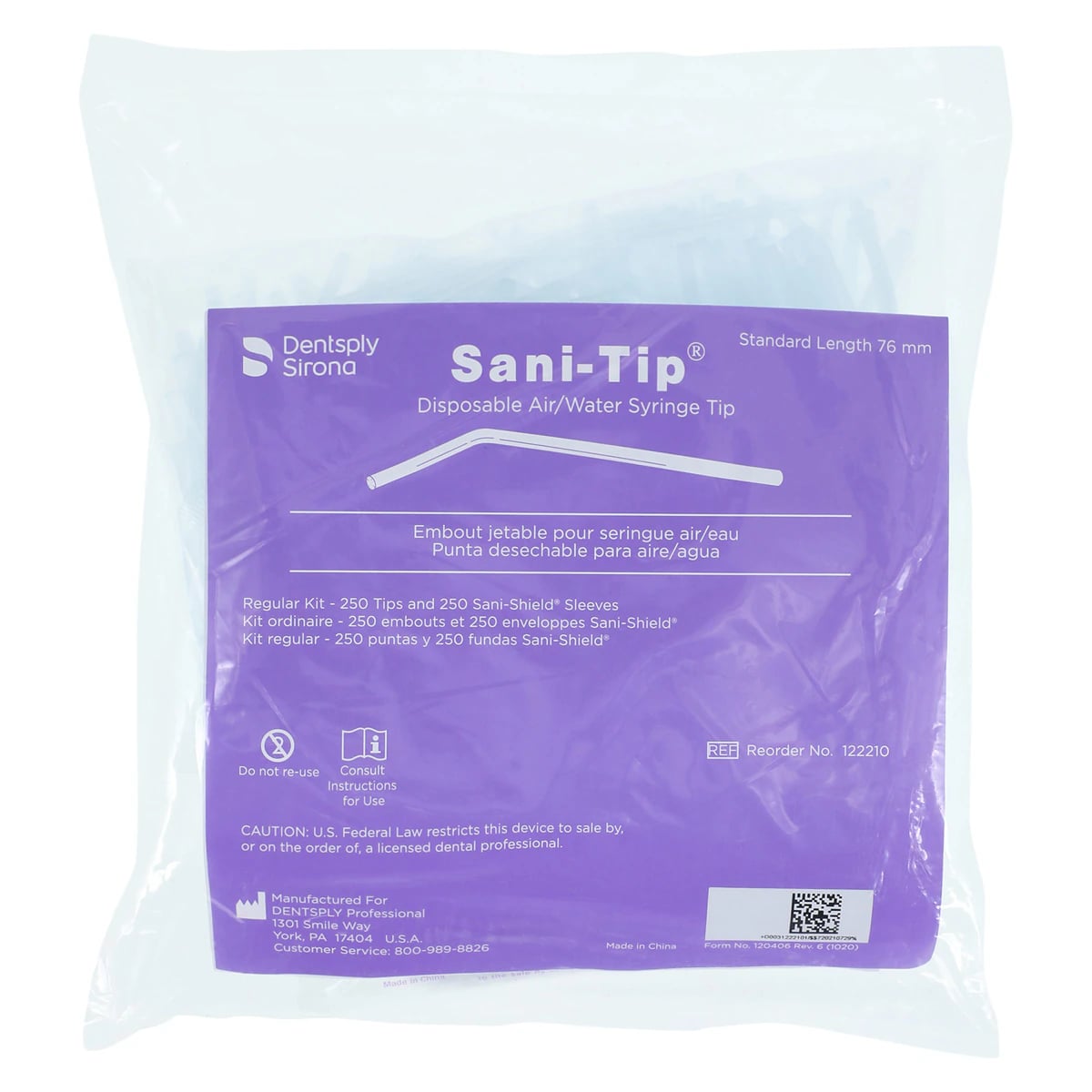 Sani-Tip Disposable Air/Water Syringe Tips, Standard 76mm, Clear, 250 Tips & 250 Sani-Shield Sleeves, Refill, 122210