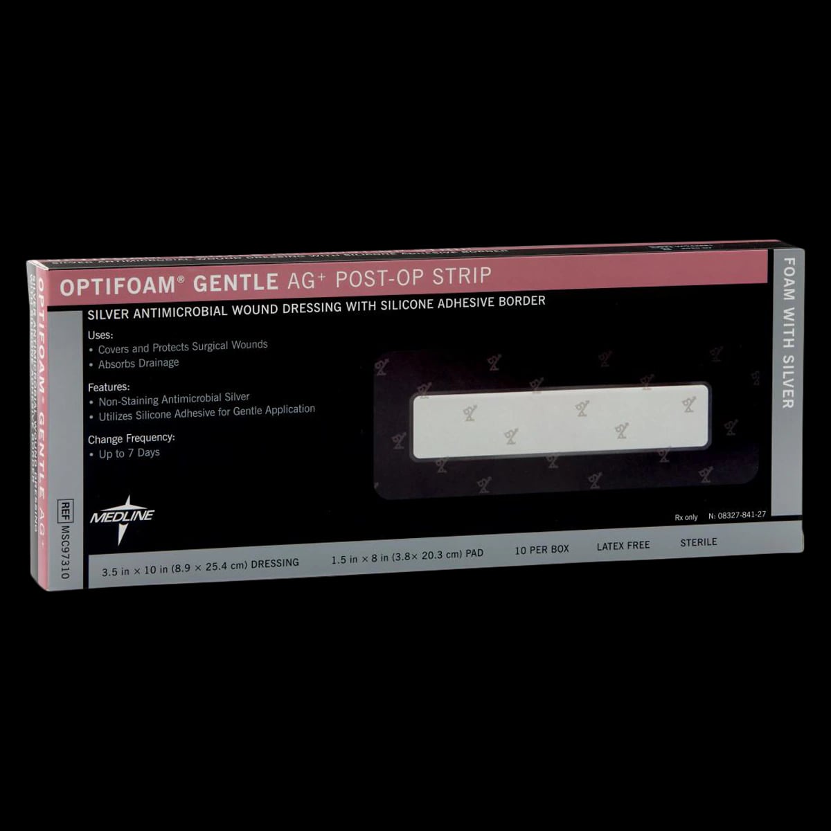 Medline Optifoam Ag Gentle Adhesive Foam Post-Op Dressing, 3-1/2" x 10" Strip