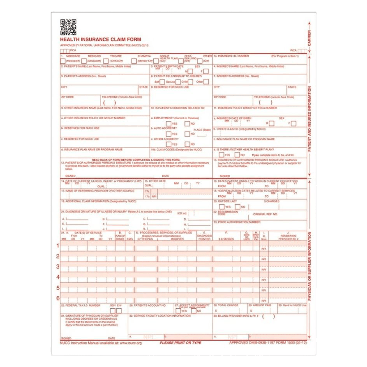 CMS-1500 Health Insurance Claim Form, 2012 New Version, 2500/Box