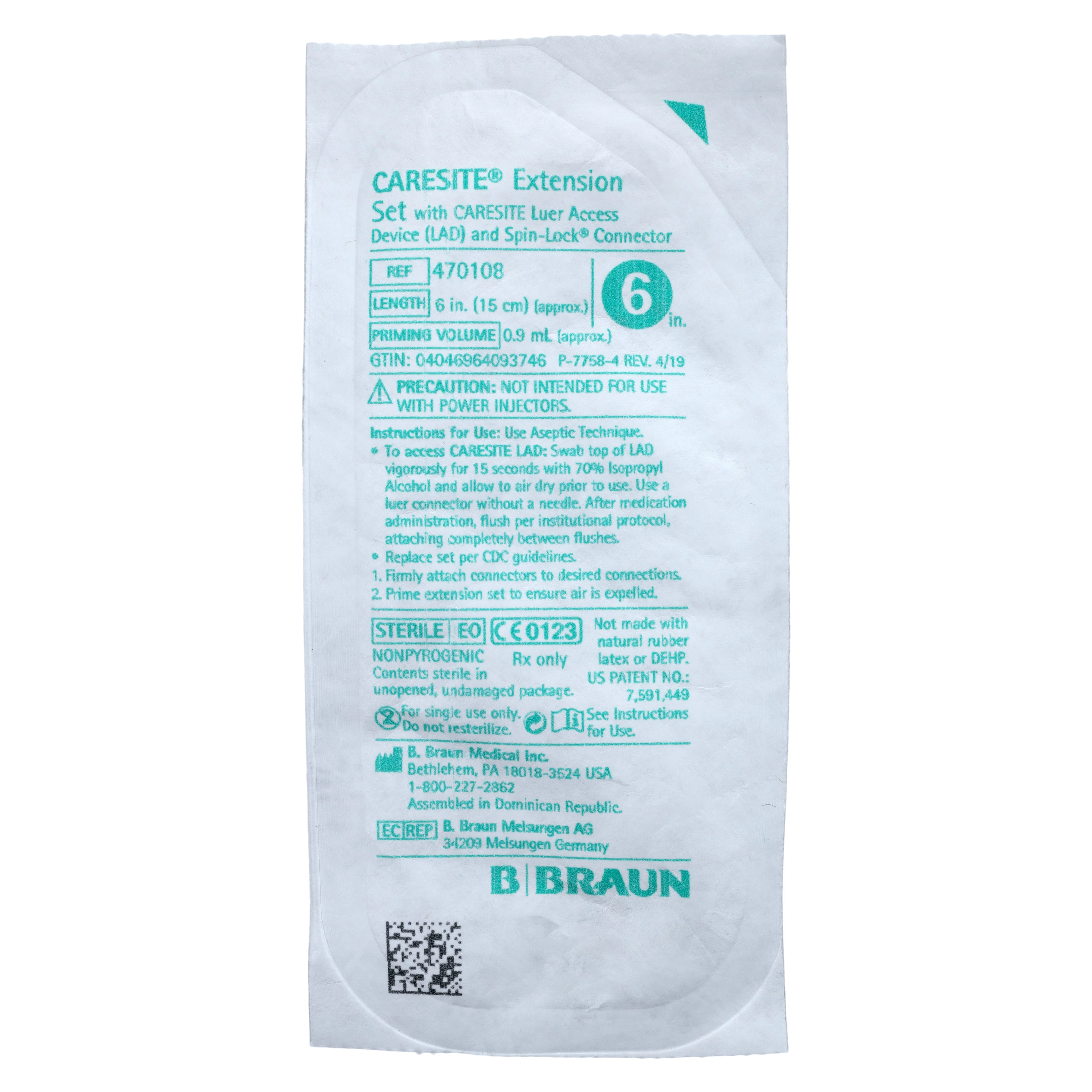 B. Braun Extension Set IV Non-DEHP Needleless, 6" Spin-Lock, Caresite LAD Valve, Standard Bore, 100/Case