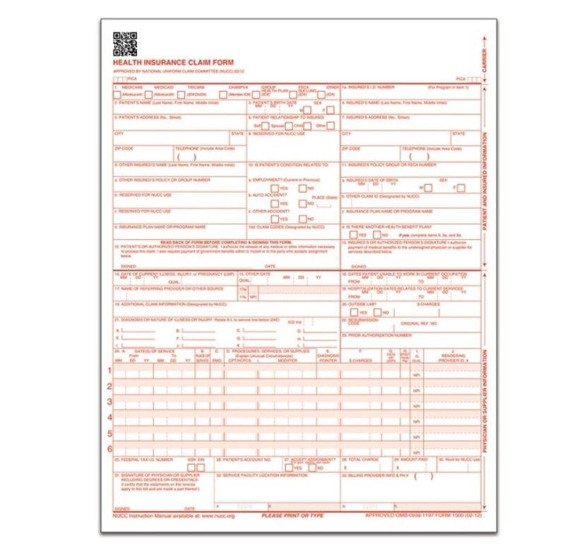 Tops Business Forms HCFA-1500 CMS Claim Forms, Red Ink, Laser, 8.5" x 11", 500/Pack