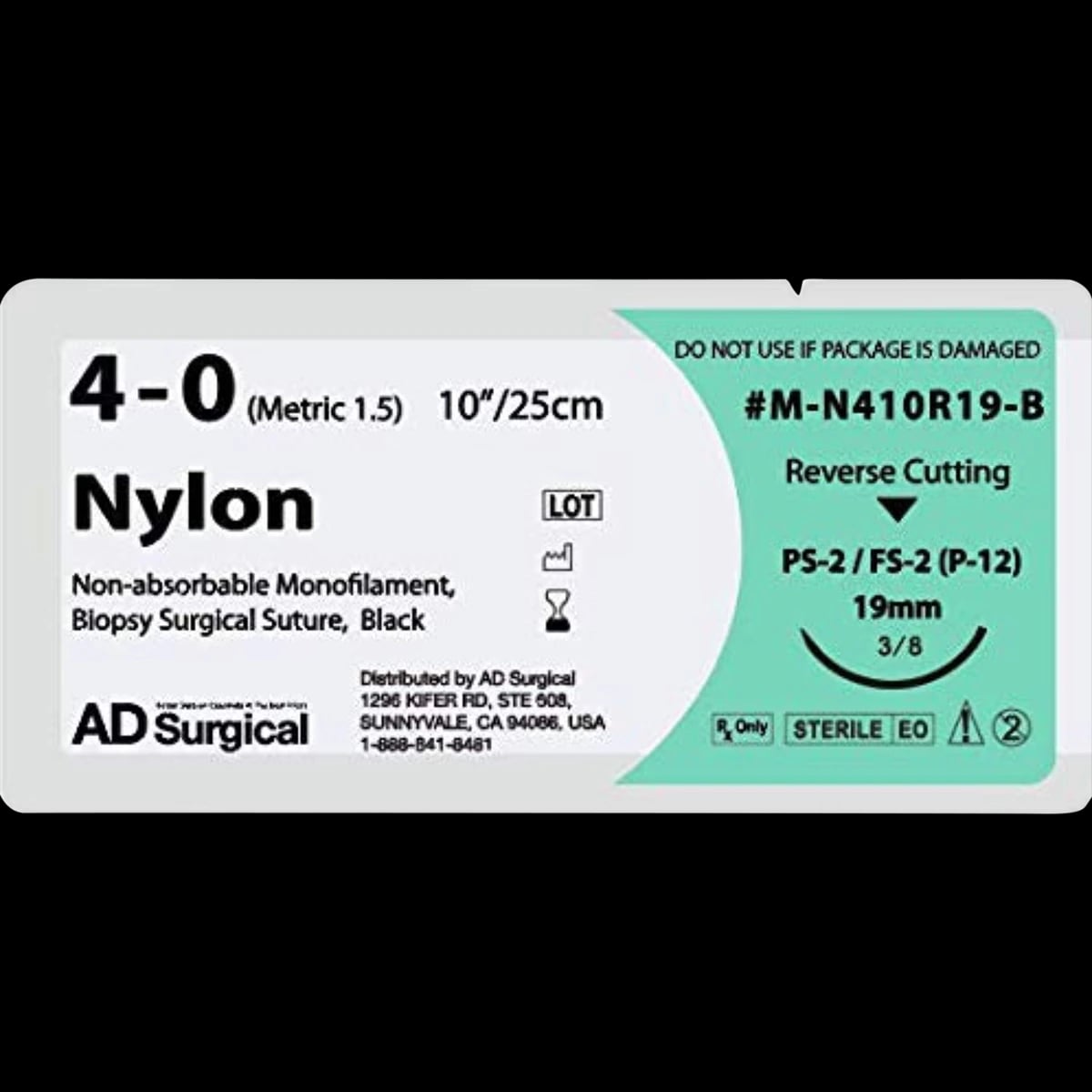 Unify Nylon Monofilament Suture, 4-0, 10", FS-2 Reverse Cutting 3/8 Circle Needle 19mm, Black, 12/Box