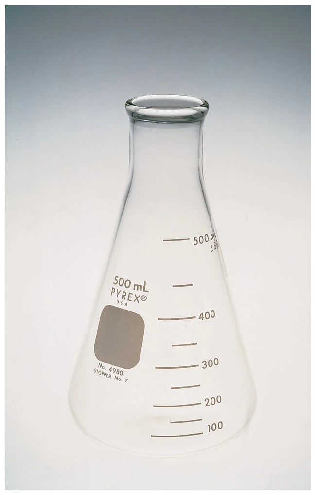 Pyrex Erlenmeyer Flask, Borosilicate Glass, 500mL, Narrow Mouth, Graduated, 6/Pk