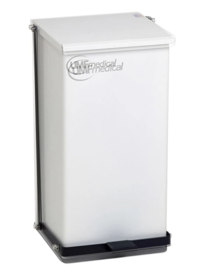 UMF Medical Receptacle Waste Enamel White, Flame-Retardant/Baked Epoxy Steel Heavy-Duty Self-Closing Trash Can with Biohazard/Infectious Waste Labels, Each