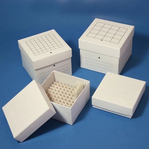 Globe Scientific Freezer Storage Box, Cardboard, 3" x 3" Lid, 100-Place, for 3mL/4mL/5mL Cryoclear Vials, White, with Dividers, 10x10 Format, 48/Case
