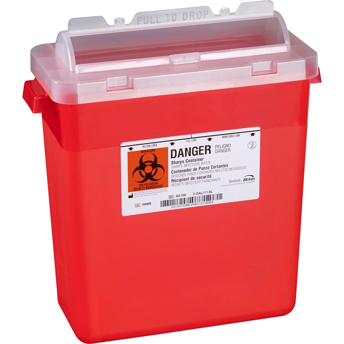 Bemis Sentinel Sharps Container, 3 Gallon, Red, Translucent, Rotating Lid, 12/Bx