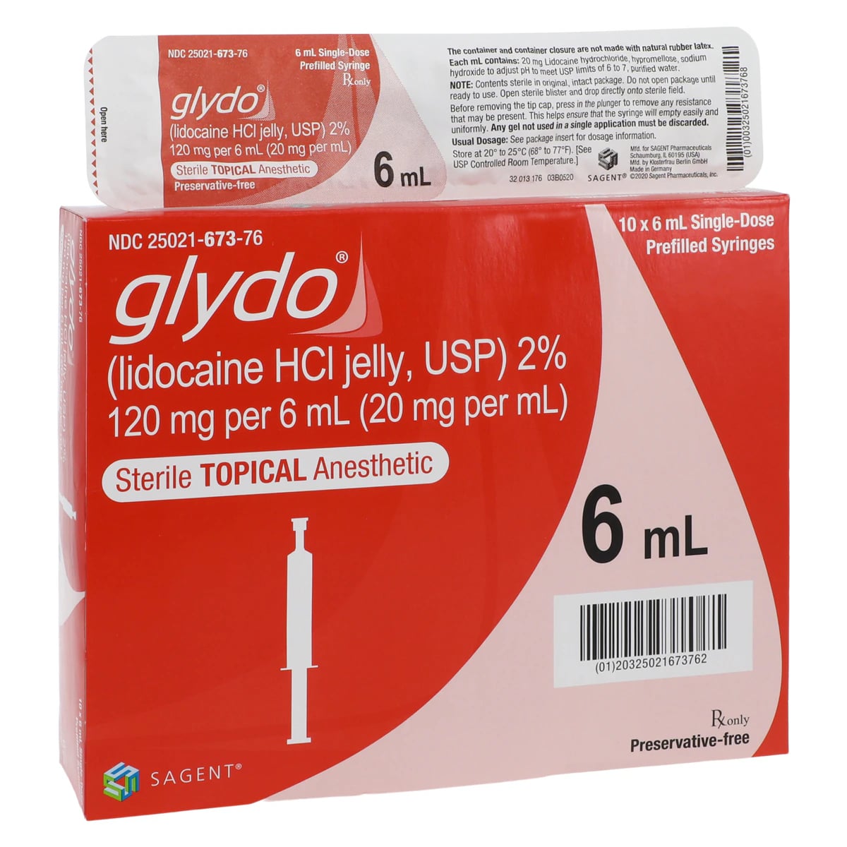 Glydo Lidocaine Jelly 2% Prefilled Syringe, 6 mL, Preservative Free, 10/Package