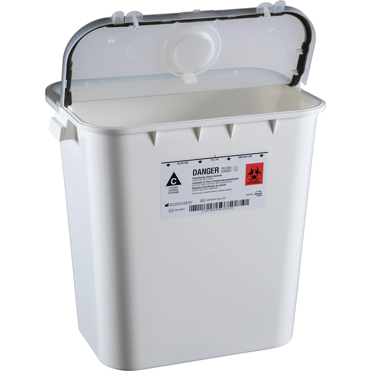 Sentinel Sharps Container, 8 gal, Yellow, 16-1/2 x 11-13/16 x 15-7/8 in, Molded-In Handles, Hinge Lid with Gasket and Separate Round Opening Lid