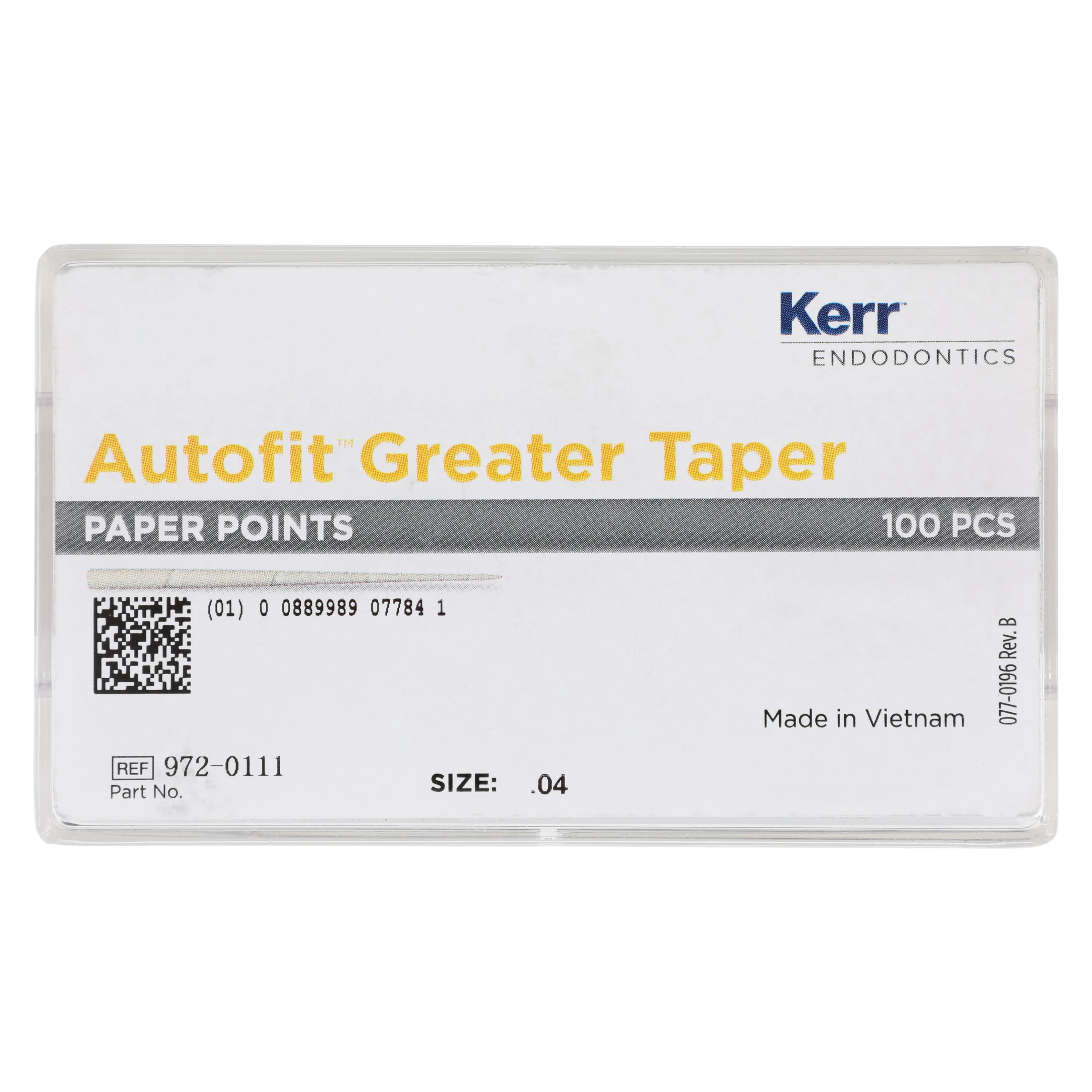 Kerr Autofit Greater Taper Absorbent Paper Points, Size .04, Purple, 100/Pk, 972-0111