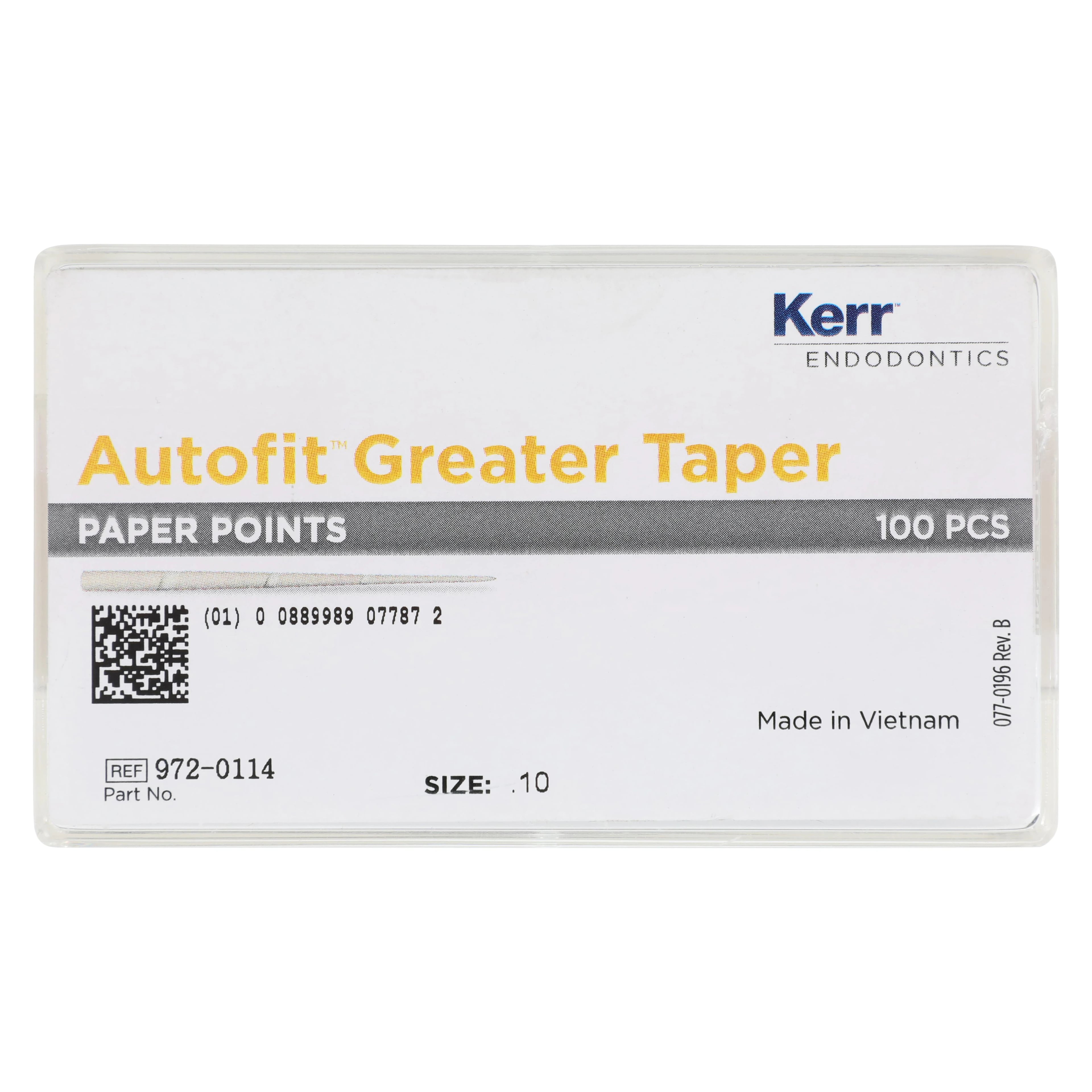 Kerr Autofit Greater Taper Absorbent Paper Points, Size .10, Red, 100/Pkg, 972-0114