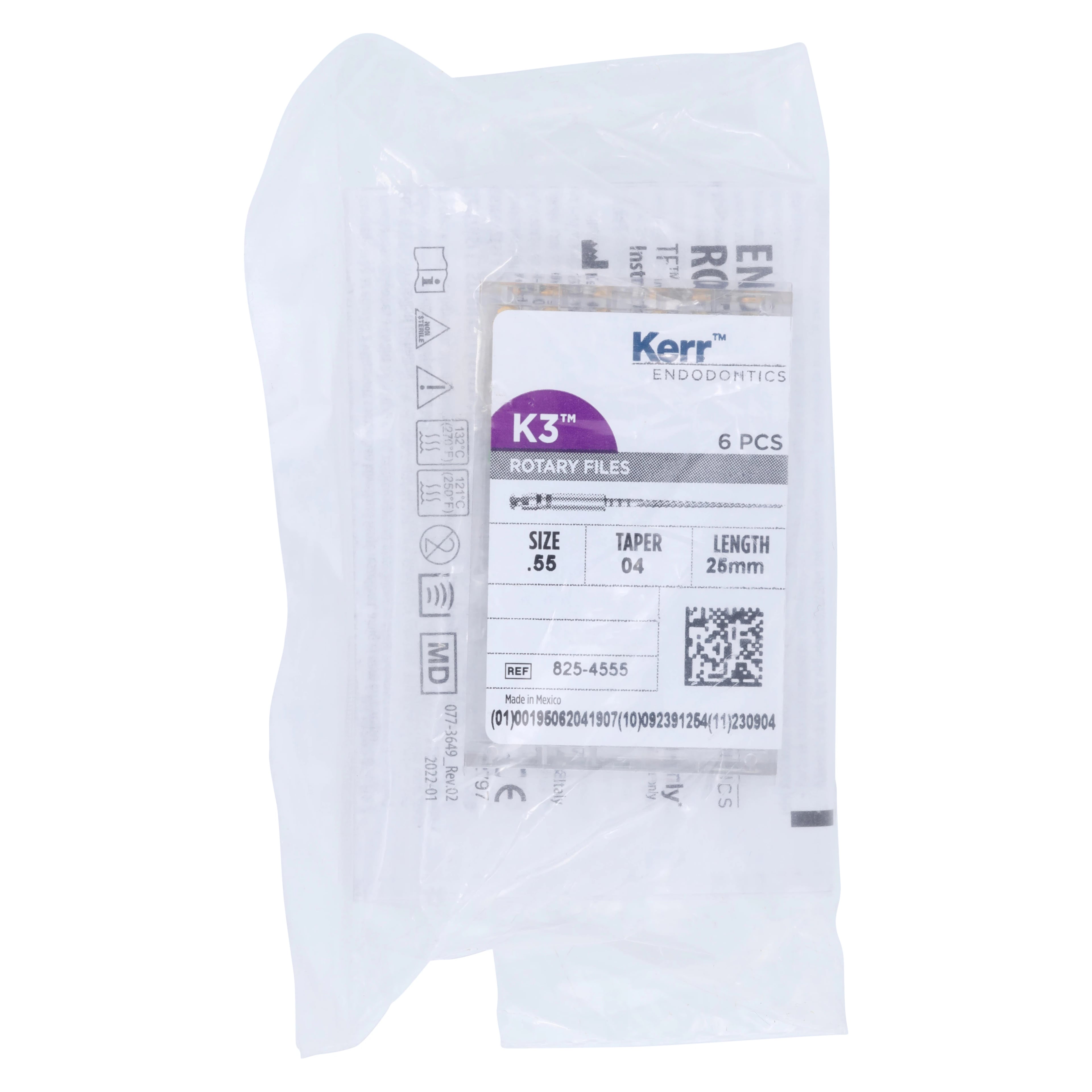 K3 Nickel-Titanium Rotary Endodontic File, 25 mm, .04 Taper, #55, Red, 6/Pk, 825-4555