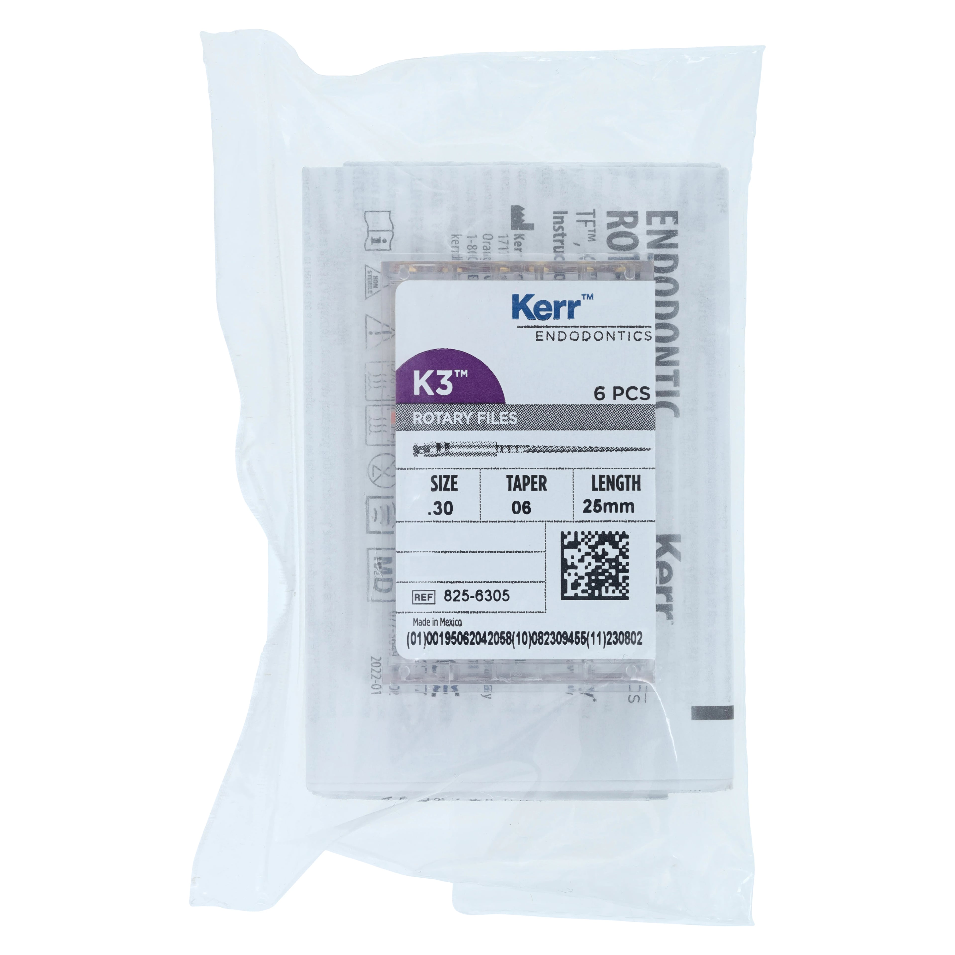 K3 Nickel Titanium Rotary Endodontic Files, #30/.06 Taper, 25 mm, Blue, 6/Pack, 825-6305