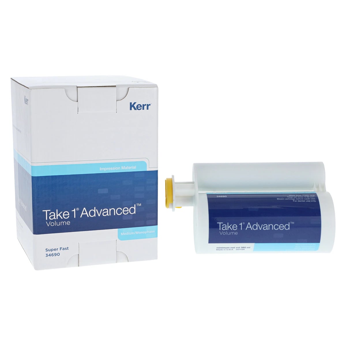 Kerr Take 1 Advanced VPS Impression Material, Volume Hard Cartridges, Medium/Monophase Body, Super Fast Set, Light Blue, 2 x 380 mL, Ref 34690