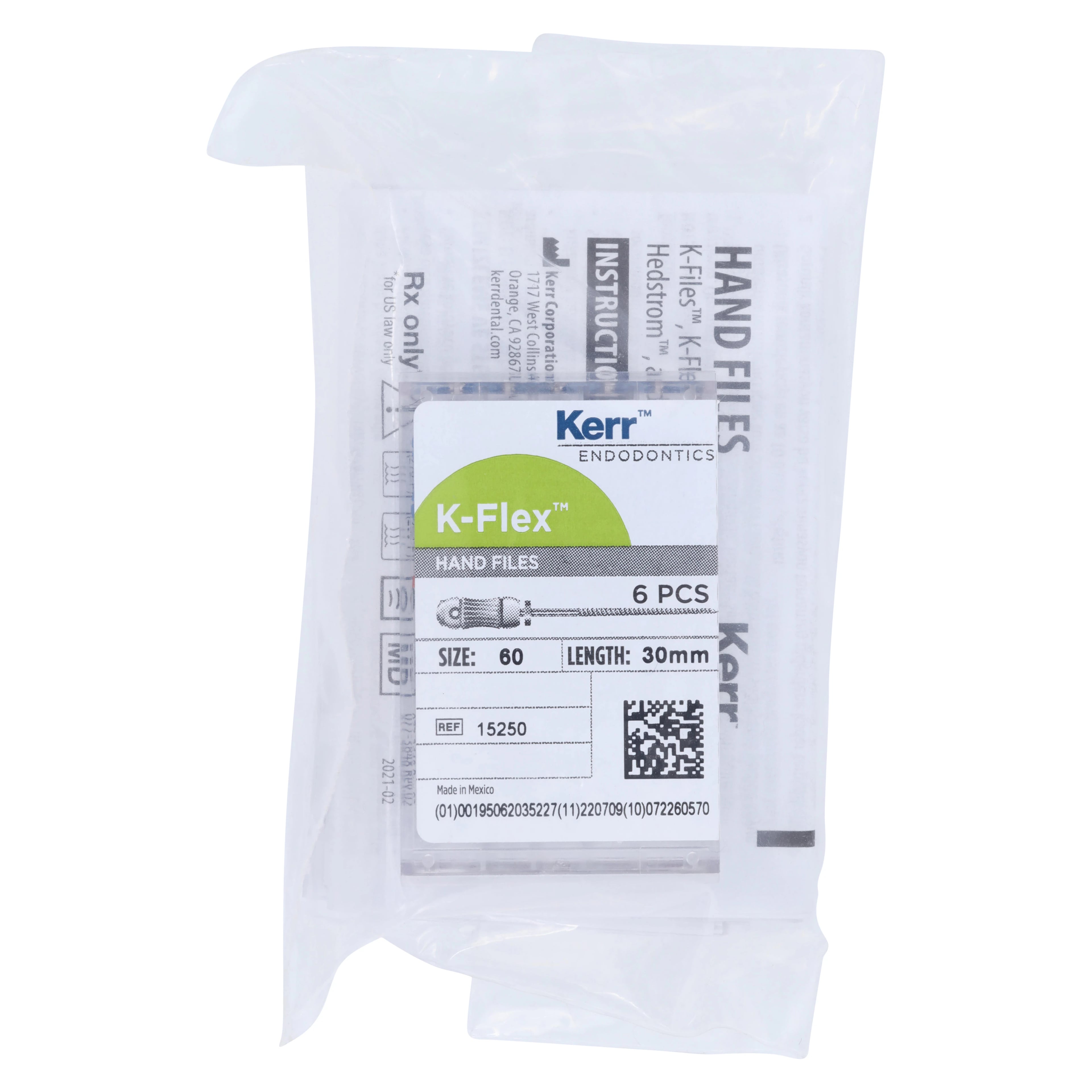 Kerr K-Flex Endodontic Files, #60 (Blue), 30mm, Stainless Steel, 6/Box, 15250