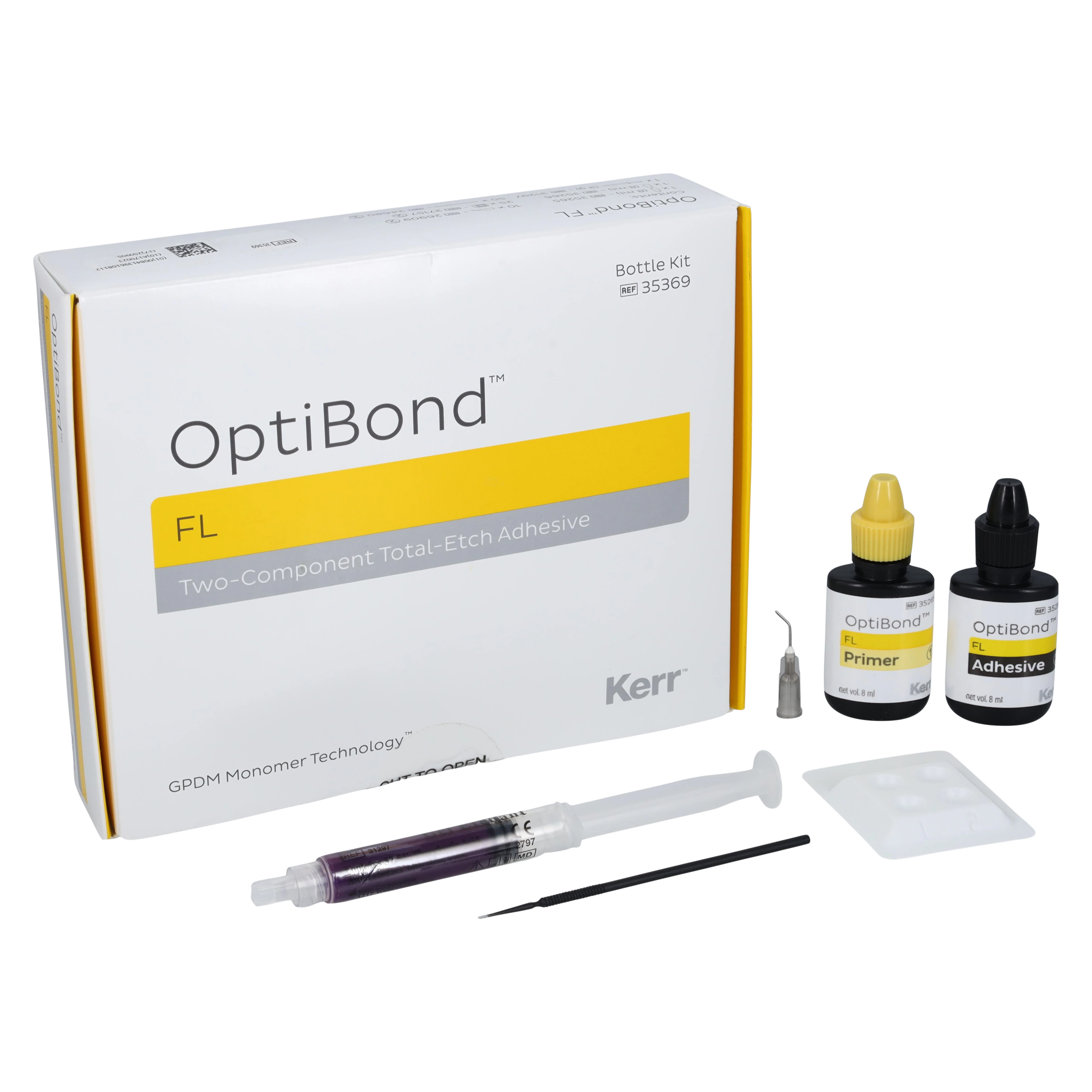 Kerr OptiBond FL Total-Etch Dental Adhesive Kit, Bottle Delivery, 8 mL Prime + 8 mL Adhesive, 3 g Gel Etchant, 10 Tips, 25 Mixing Wells, 50 Applicators, #35369