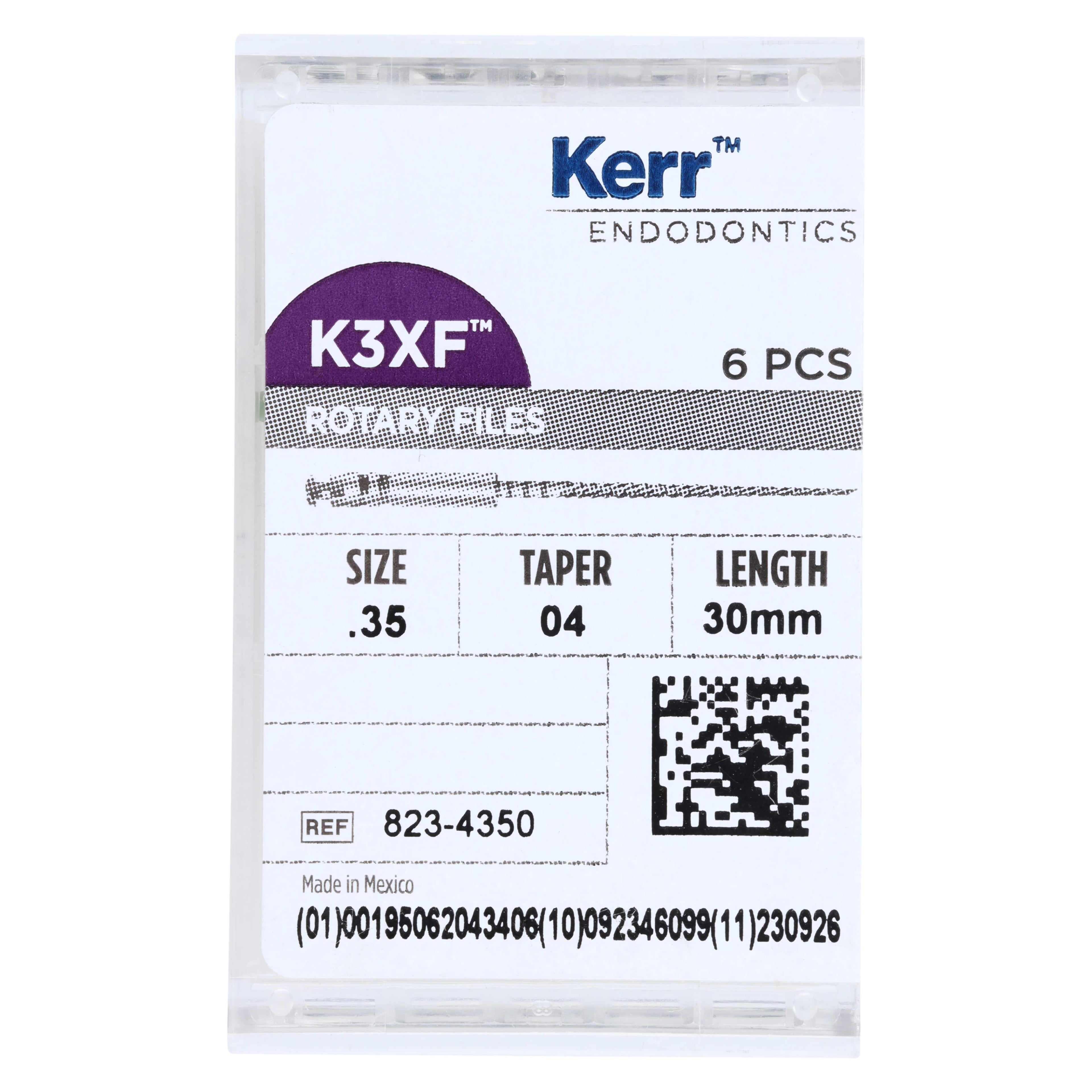 Kerr K3XF Nickel Titanium Rotary File, #35/.04 Taper, 30mm, Green, 6/Pk, 823-4350