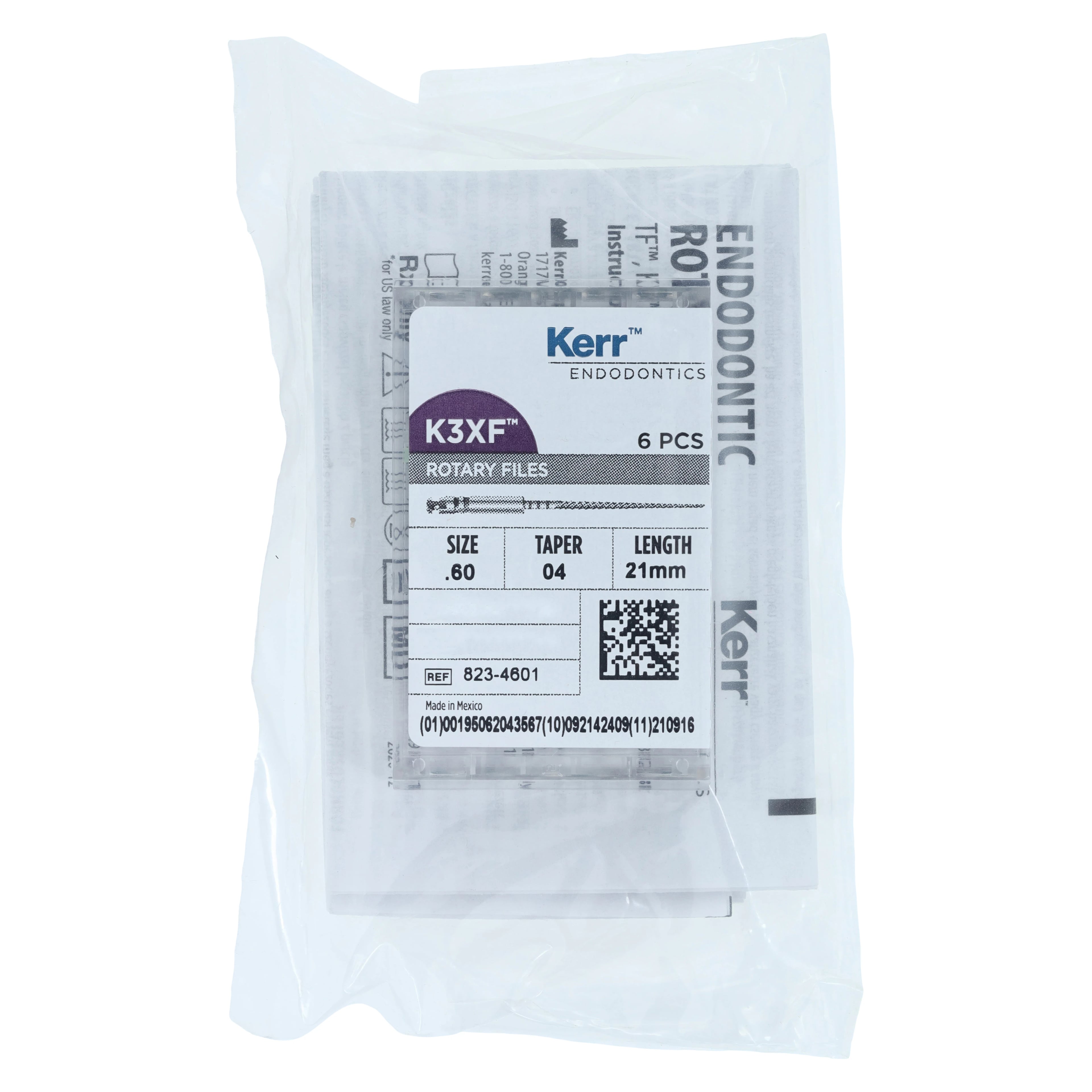 Kerr K3XF Nickel Titanium Rotary File, #60/.04 Taper, 21mm, Blue, 6/Pk, 823-4601