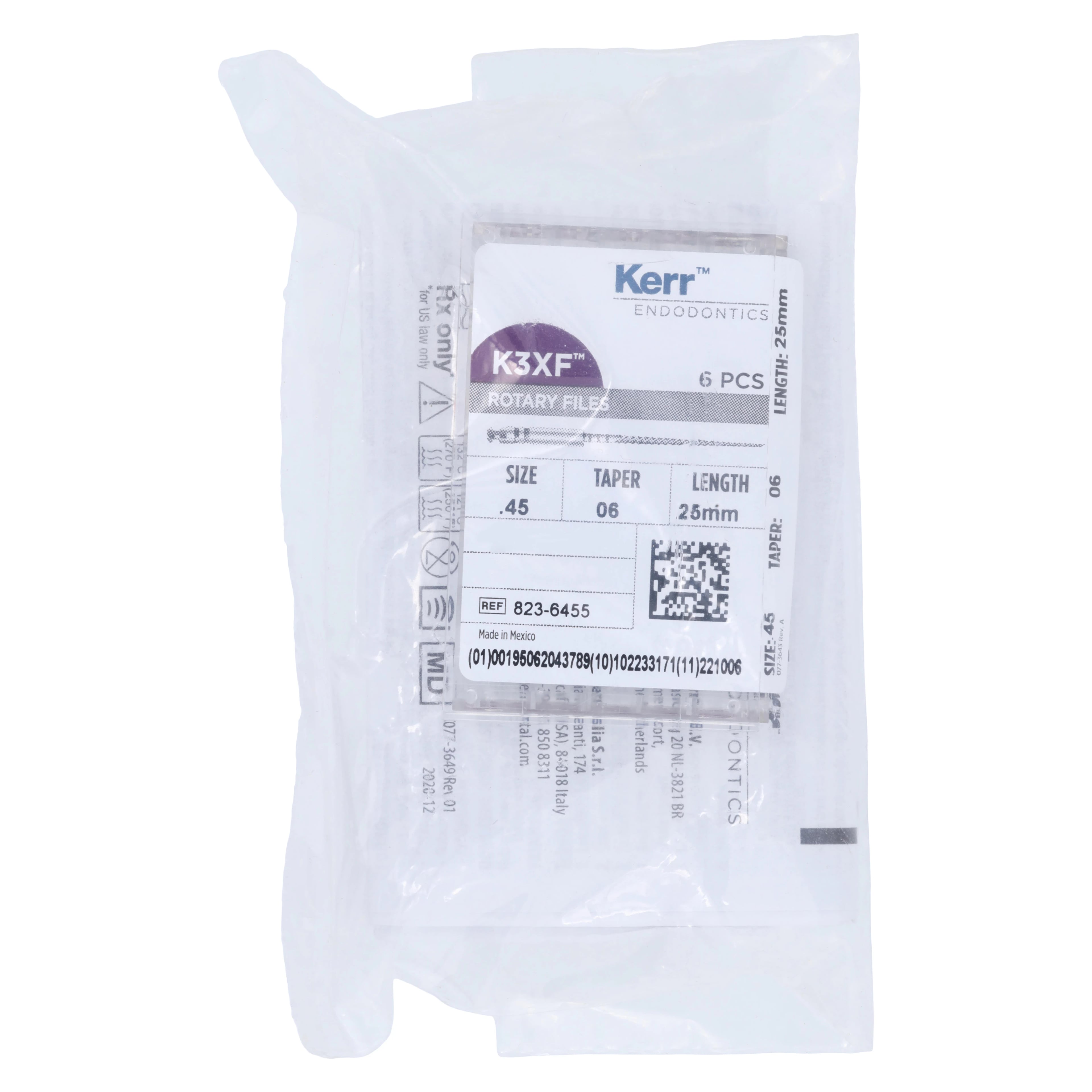 K3XF NiTi Rotary File, #45/.06 Taper, 25mm, White, 6/Pk, 823-6455