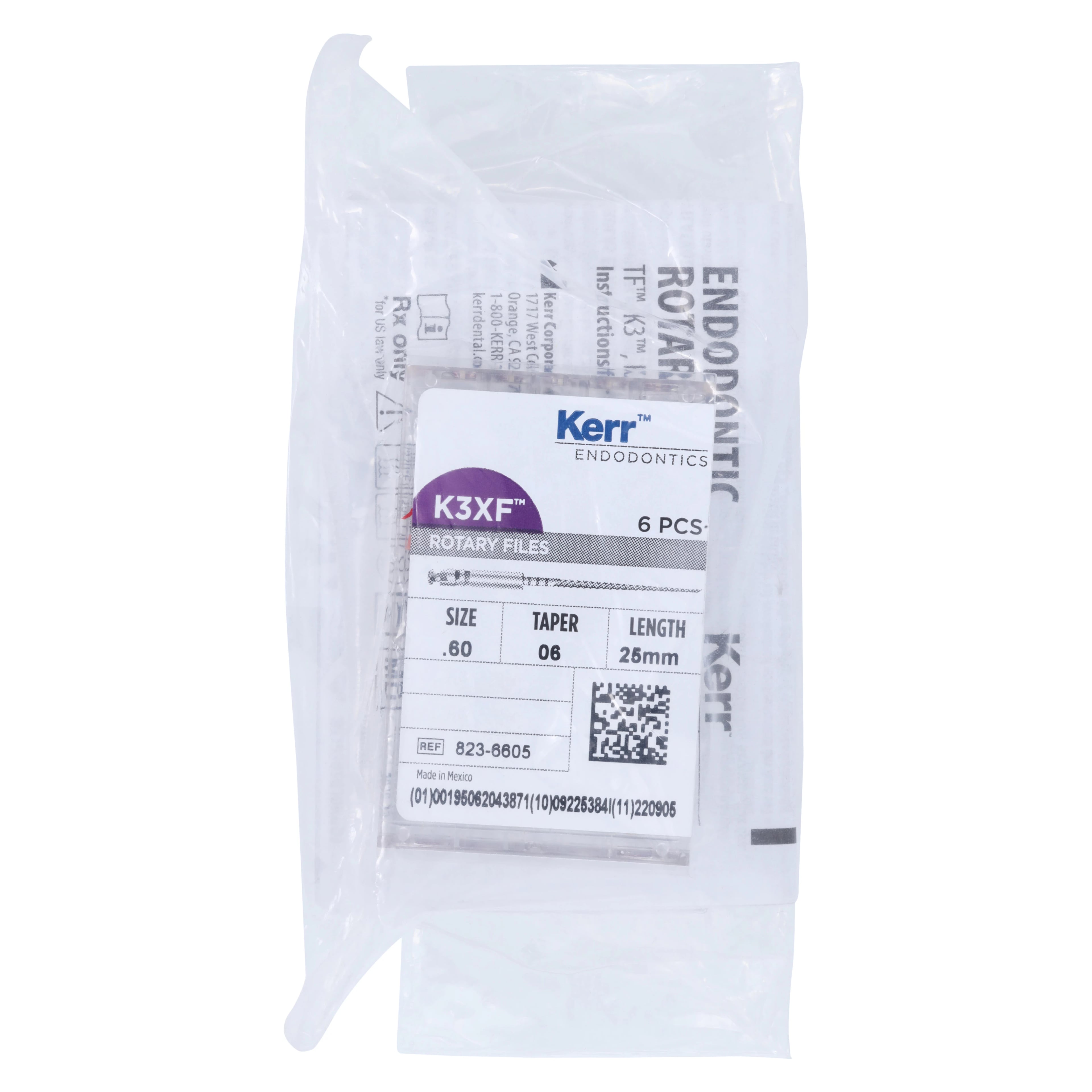 K3 XF NiTi Rotary File, Size #60, .06 Taper, 25mm, Blue, 6/Pack, Kerr 823-6605