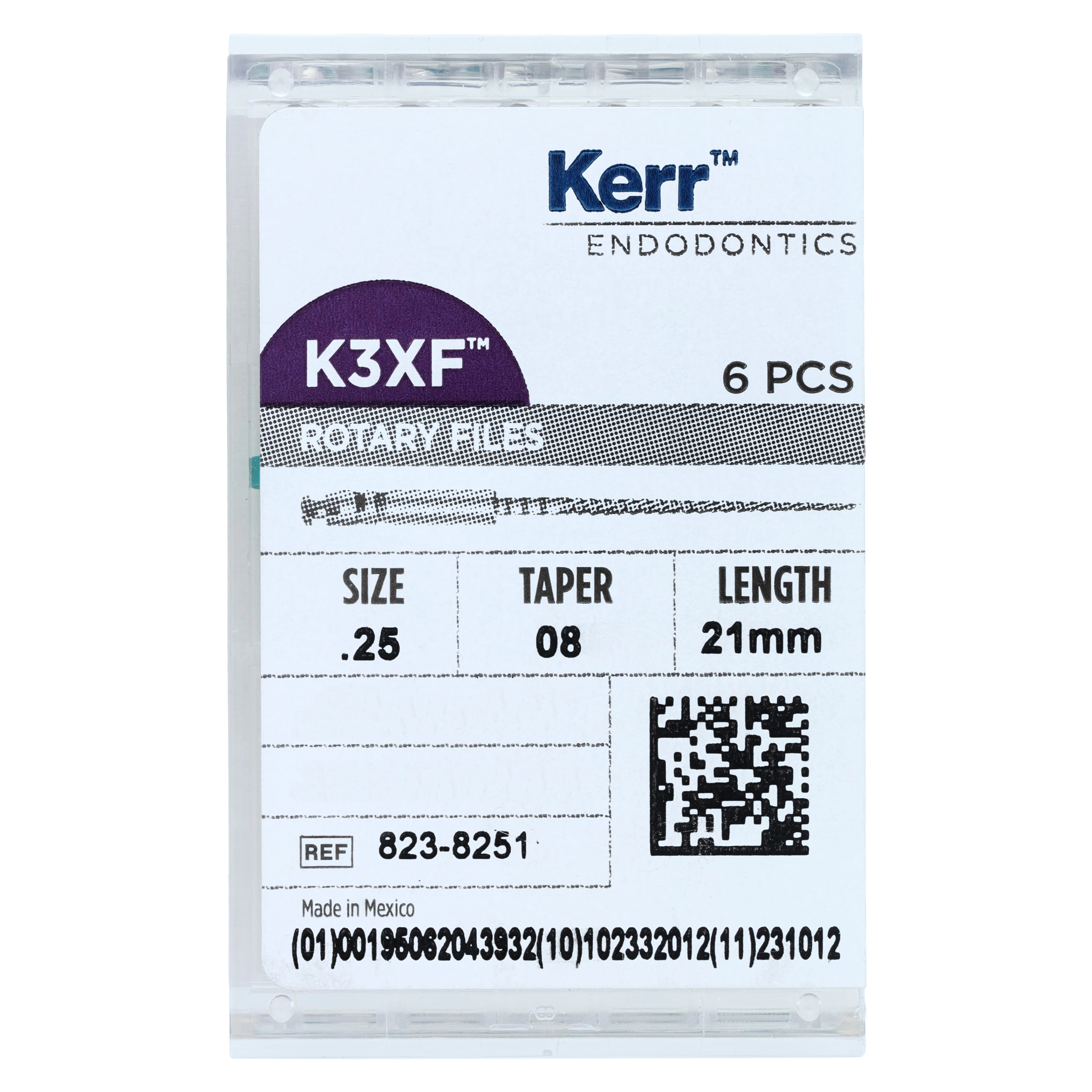 K3XF Nickel Titanium Rotary Files, Size #25, .08 Taper, 21 mm, Red, 6/Pack, 823-8251