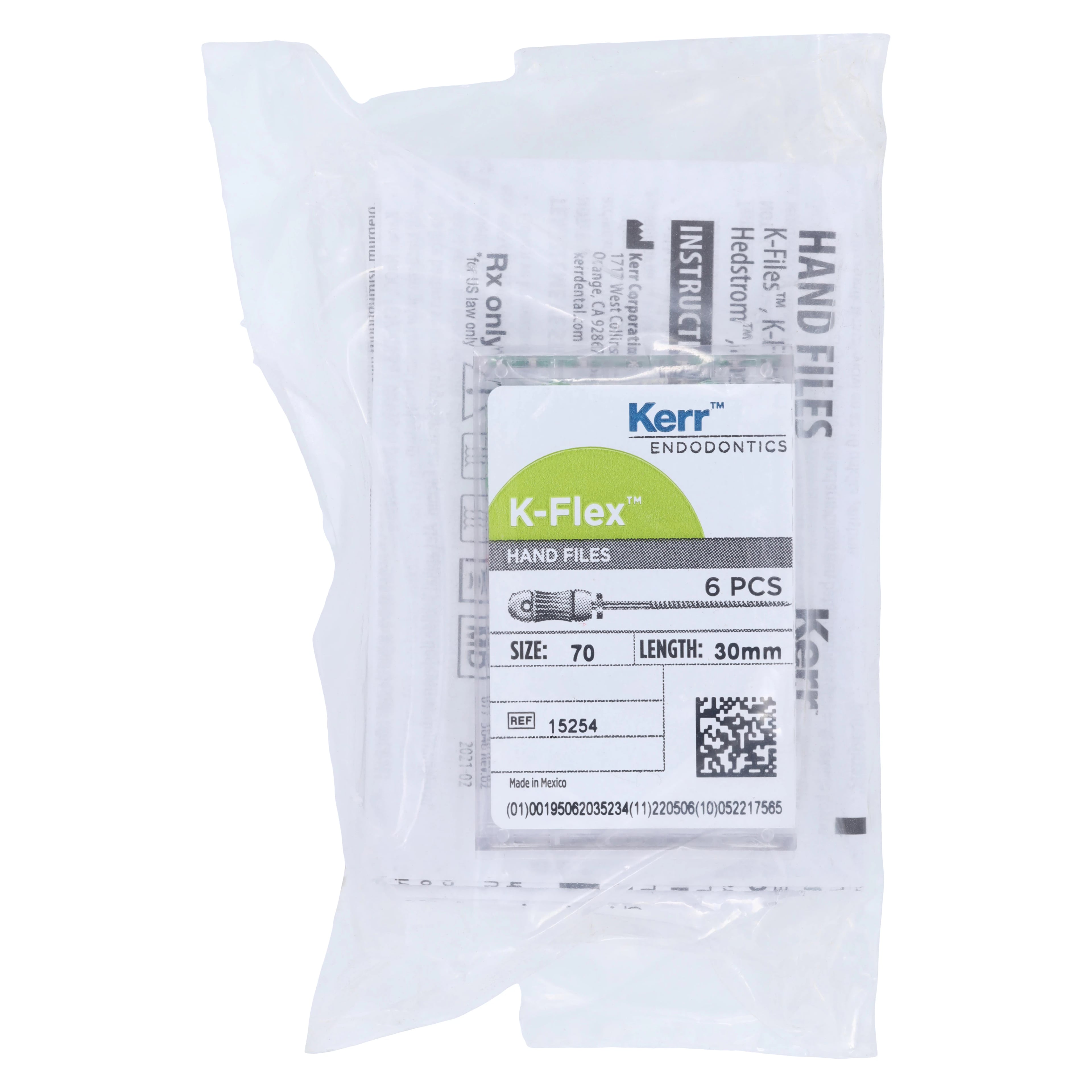 Kerr K-Flex Endodontic Files, #70 (Green), 30 mm, Stainless Steel, 6/Pack, 15254