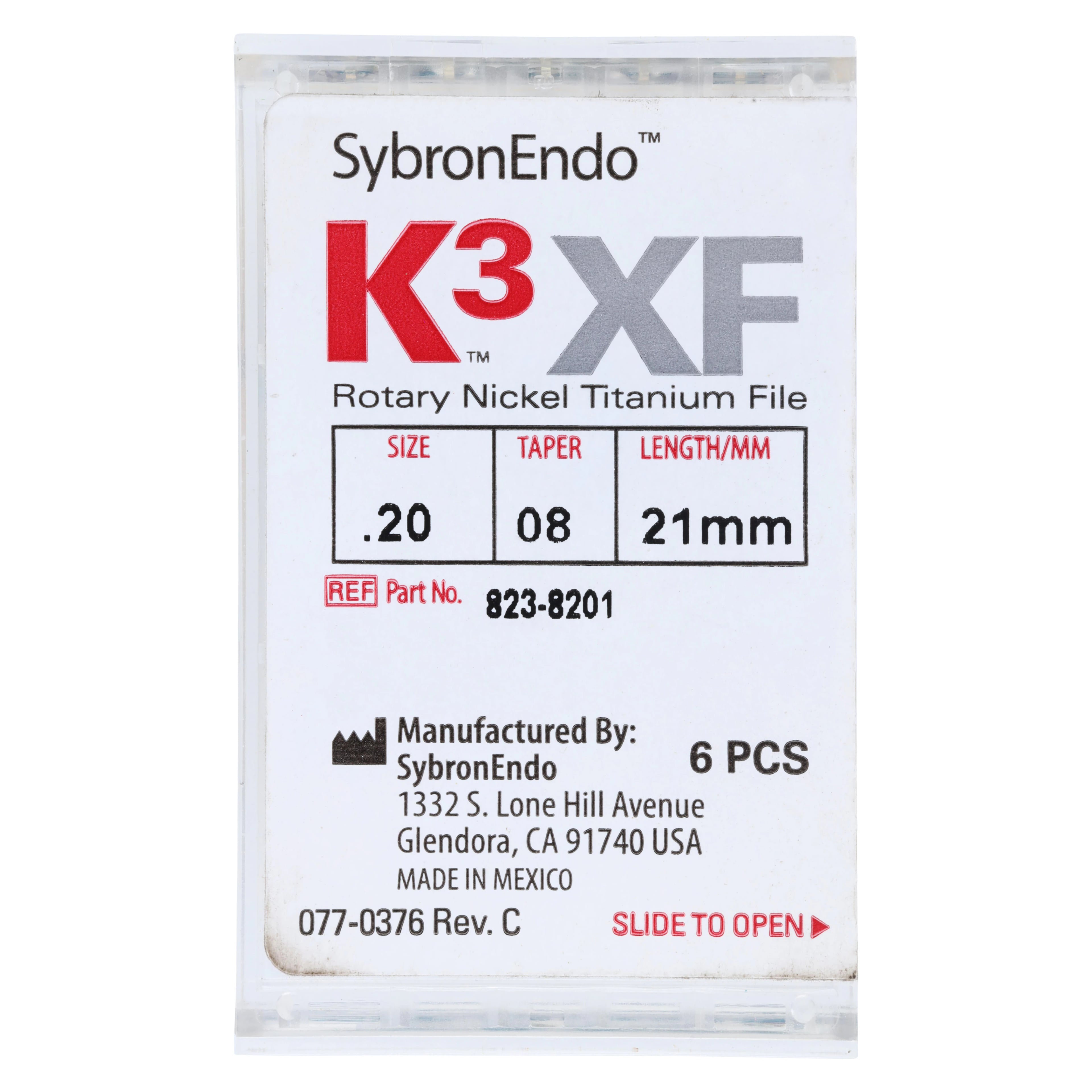 Kerr K3XF Nickel Titanium Rotary File, Size #20, .08 Taper, 21mm, Yellow, 6/Pack, 823-8201