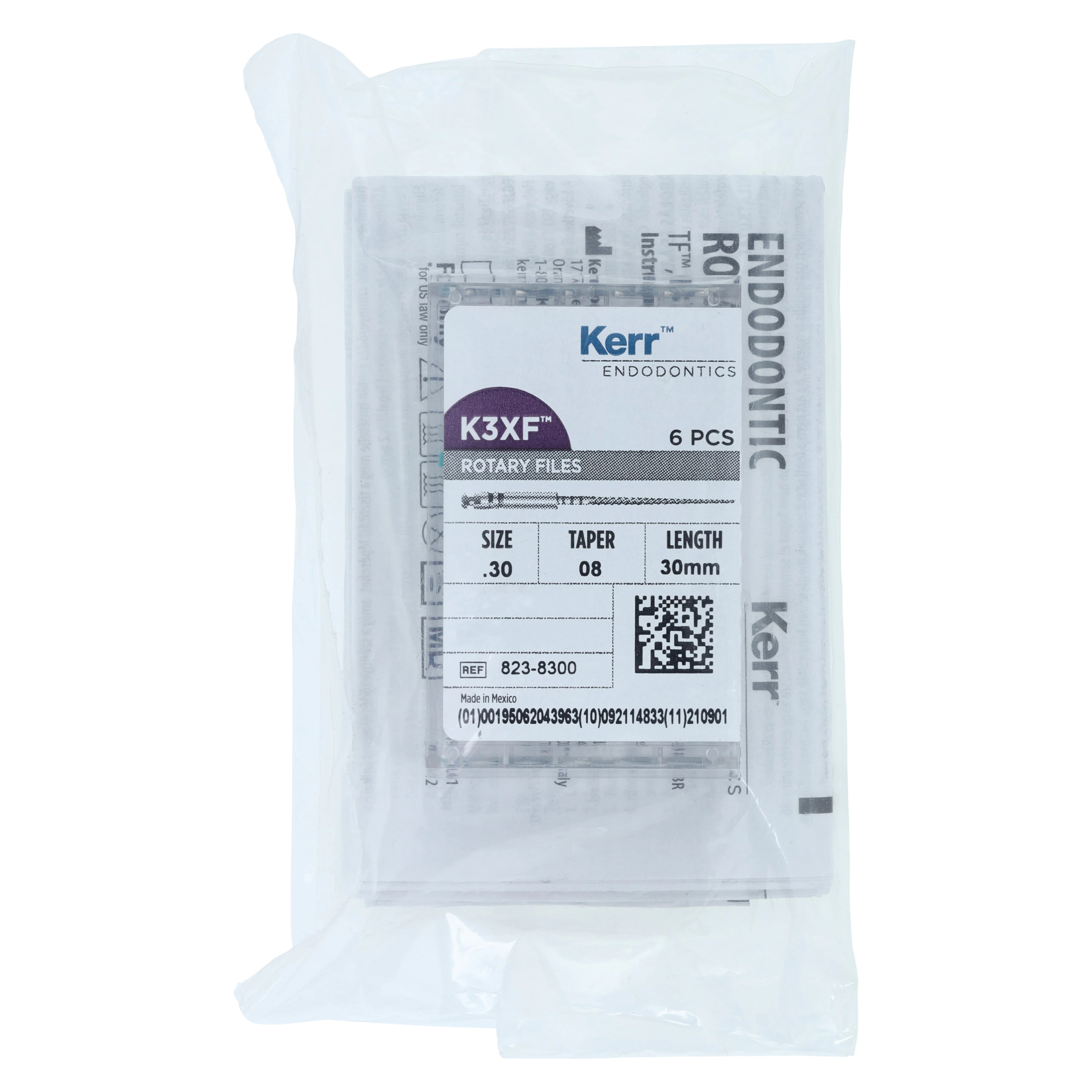 Kerr K3XF Nickel Titanium Rotary File, Size #30, .08 Taper, 30mm, Blue, Pack of 6, 823-8300