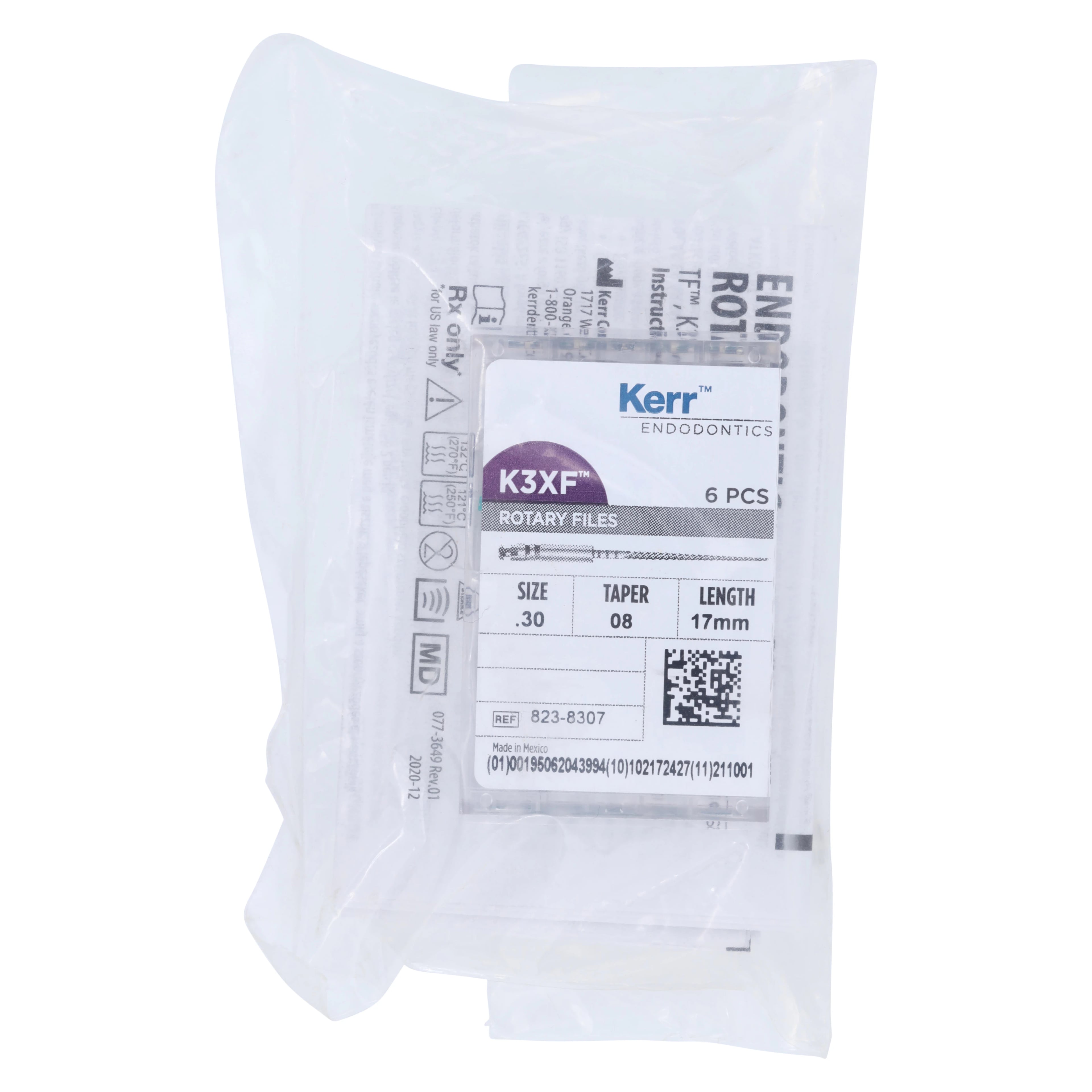Kerr K3XF Nickel Titanium Rotary File, Size #30, Taper .08, Blue, 17mm, Pack of 6, 823-8307