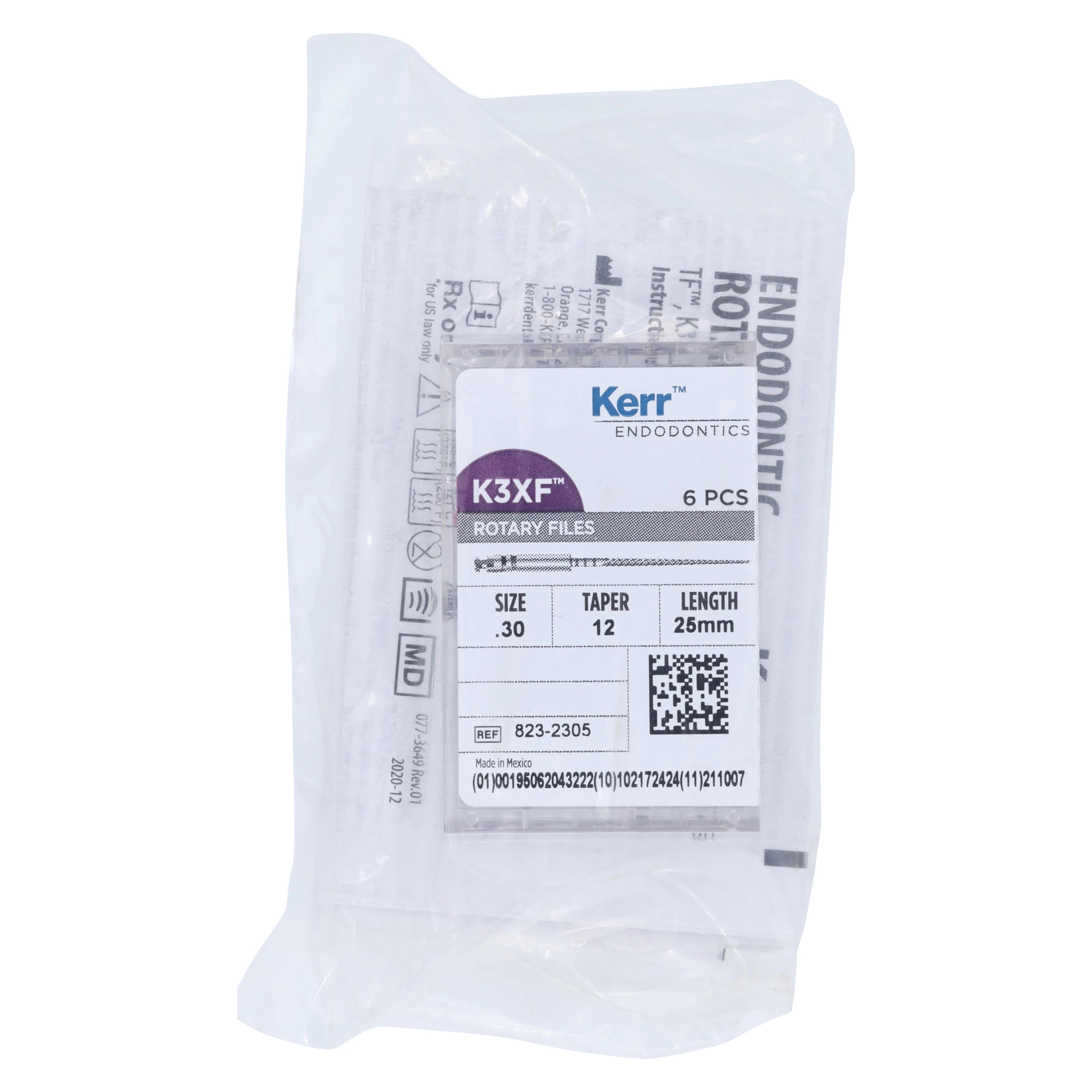 Kerr K3XF Nickel Titanium Rotary File, Size #30, Taper .12, 25mm, Blue, Pack of 6, 823-2305