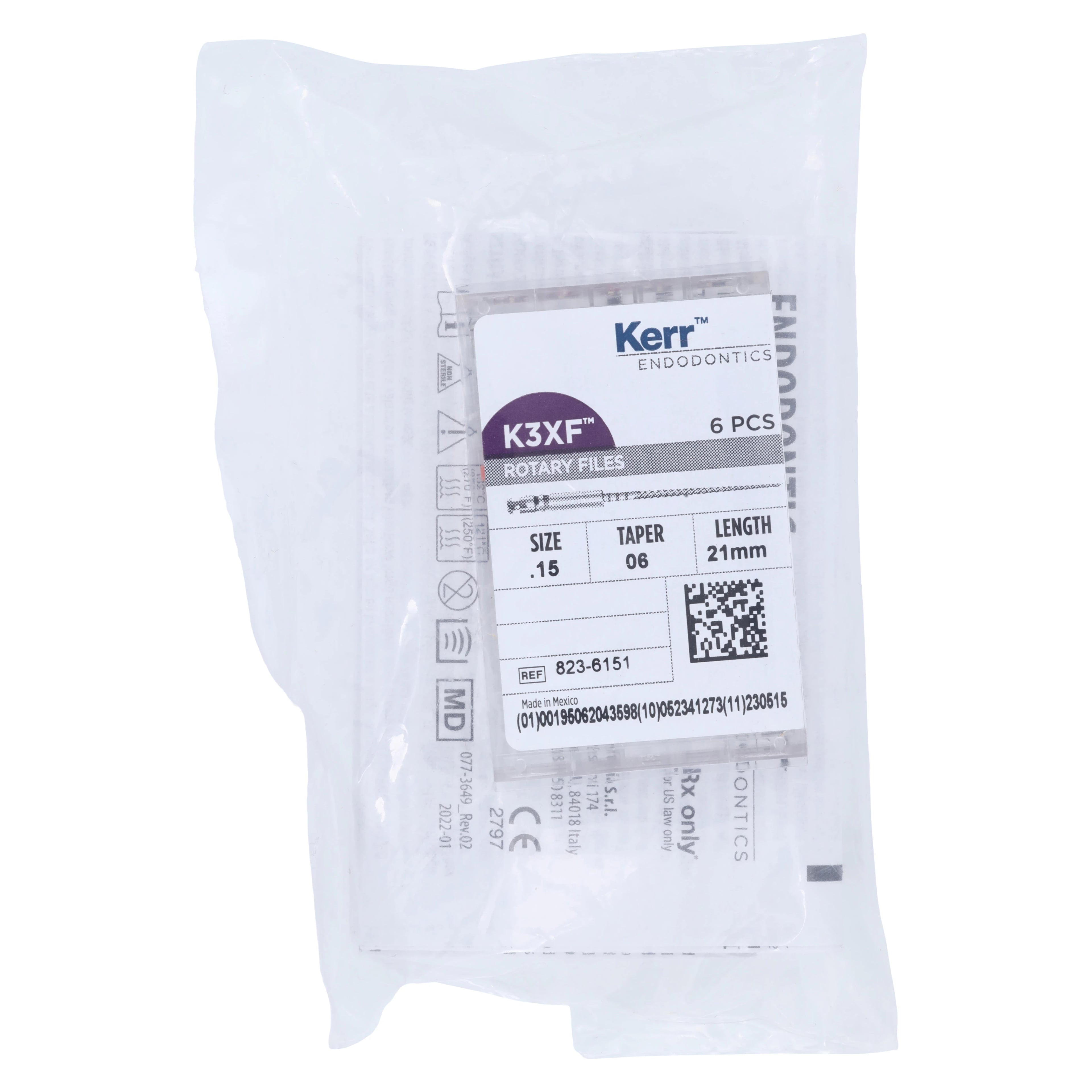 Kerr K3XF Nickel Titanium Rotary File, #15 White, .06 Taper, 21mm, Pack of 6, 823-6151