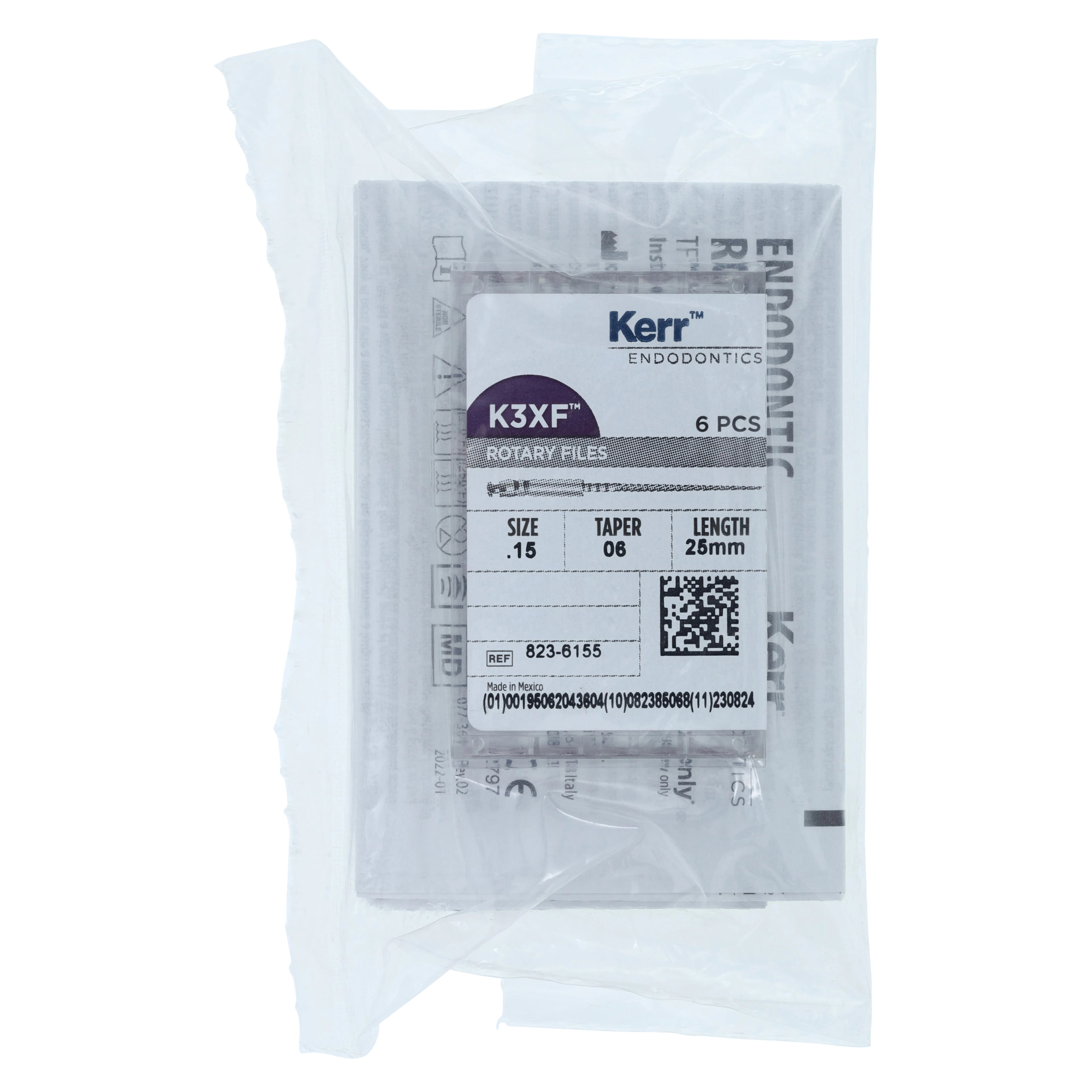 Kerr K3XF Nickel Titanium Rotary File, #15 White, .06 Taper, 25mm, Pack of 6, 823-6155