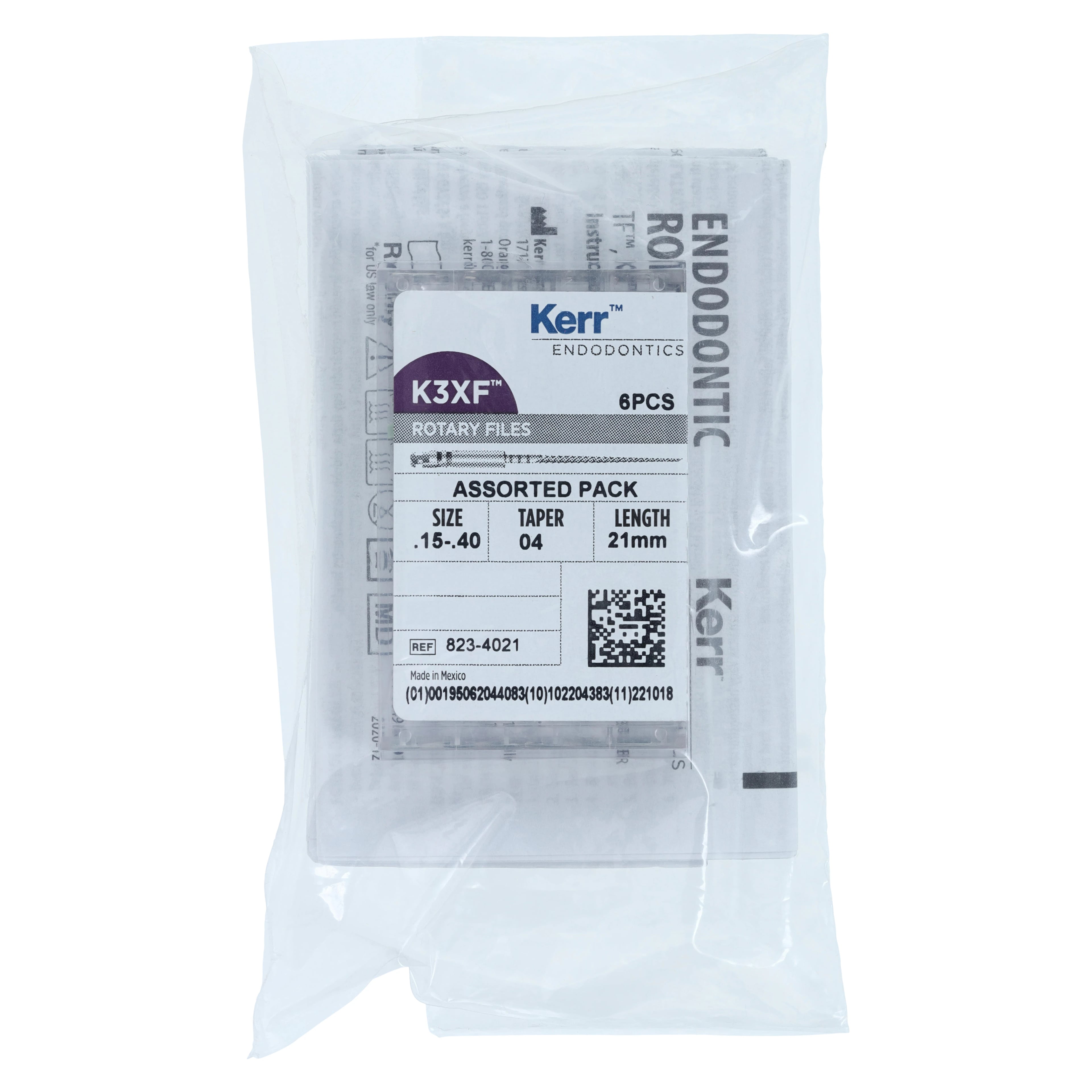 Kerr K3XF Nickel Titanium Rotary Files, .04 Taper, 21mm, Assorted #15-40, 6/Pk, 823-4021