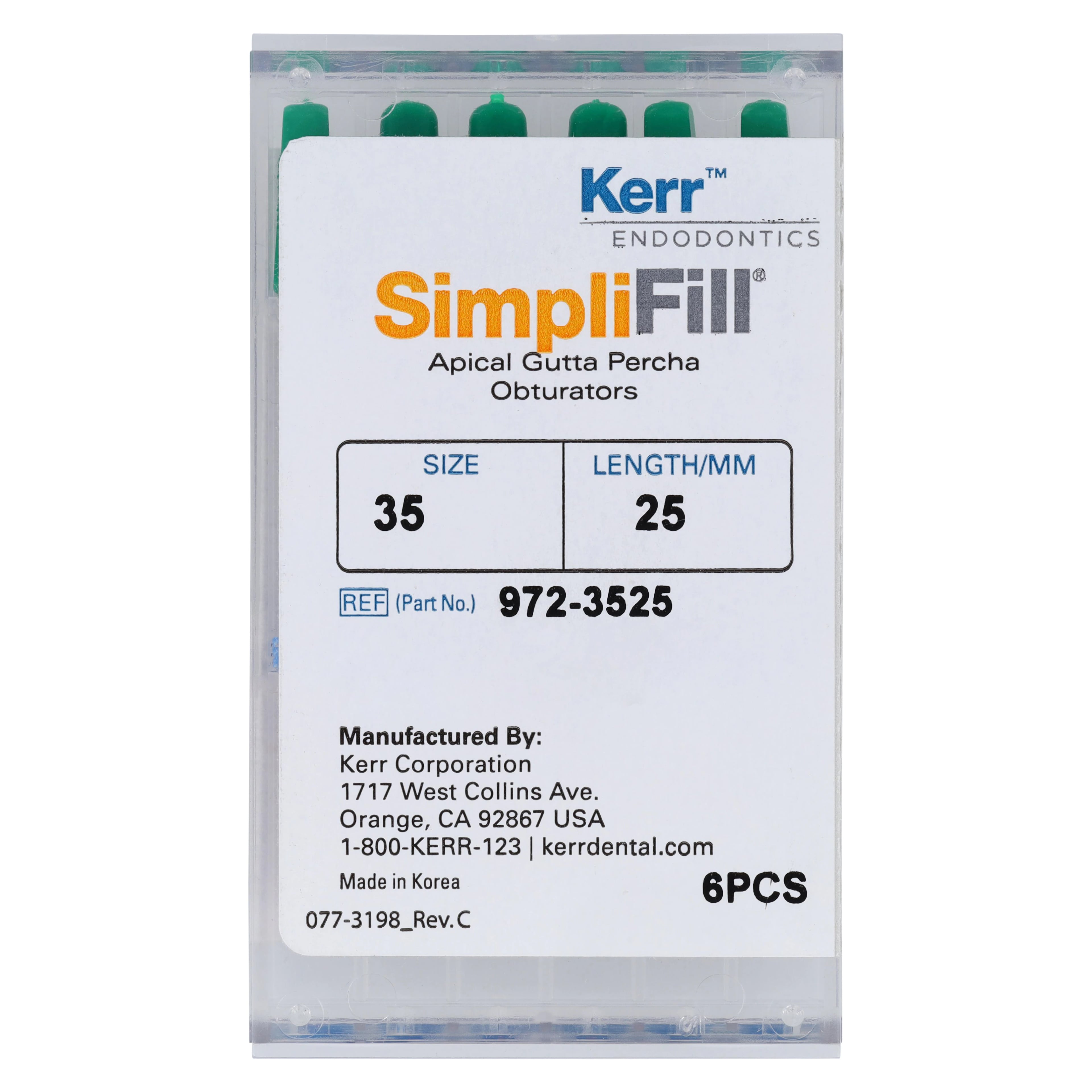 Kerr SimpliFill Apical Gutta Percha Obturators, 25 mm, Size 35, Green, 6/Pkg, 972-3525