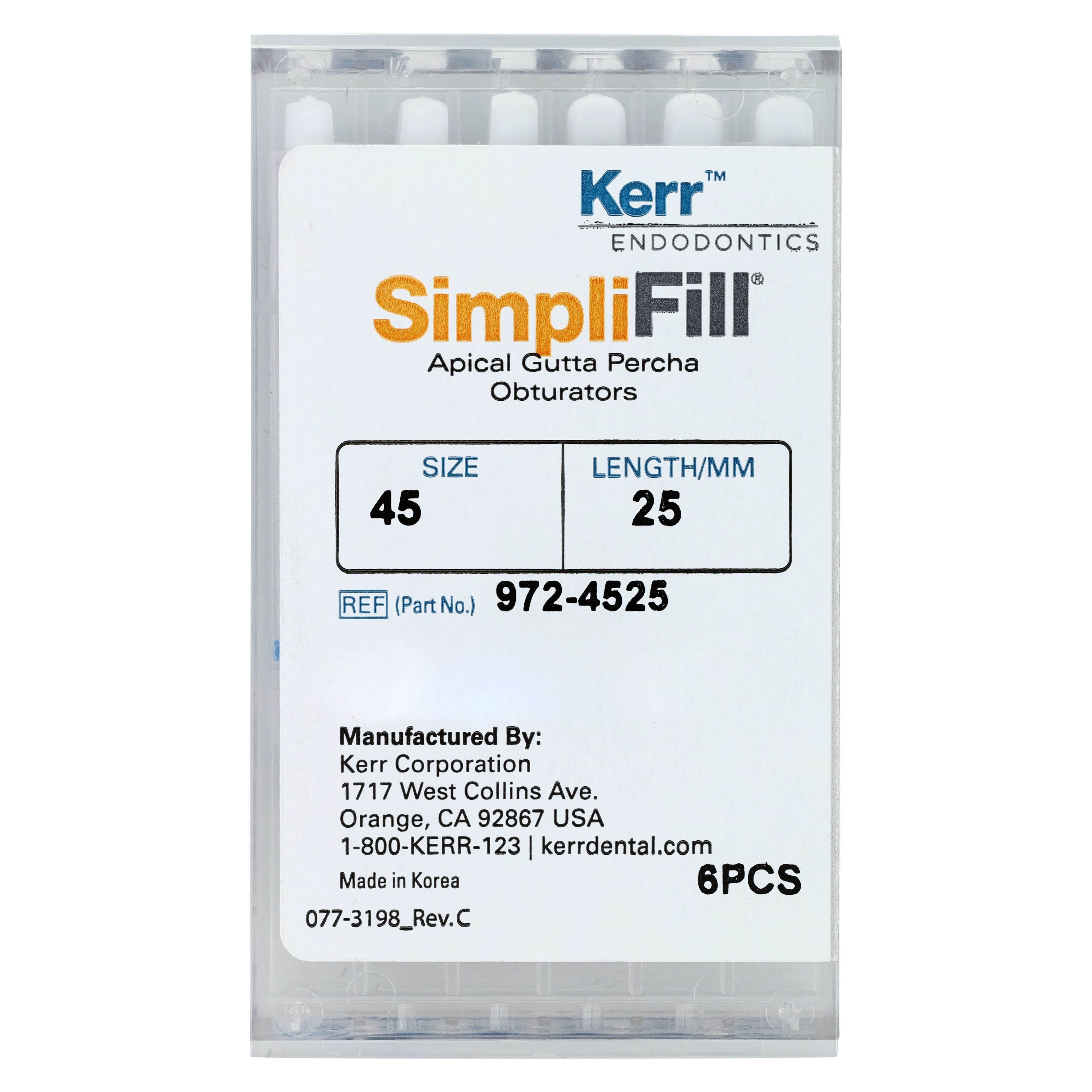 Kerr SimpliFill Apical Gutta Percha Obturators, Size 45, 25mm, 6/Pkg, 972-4525