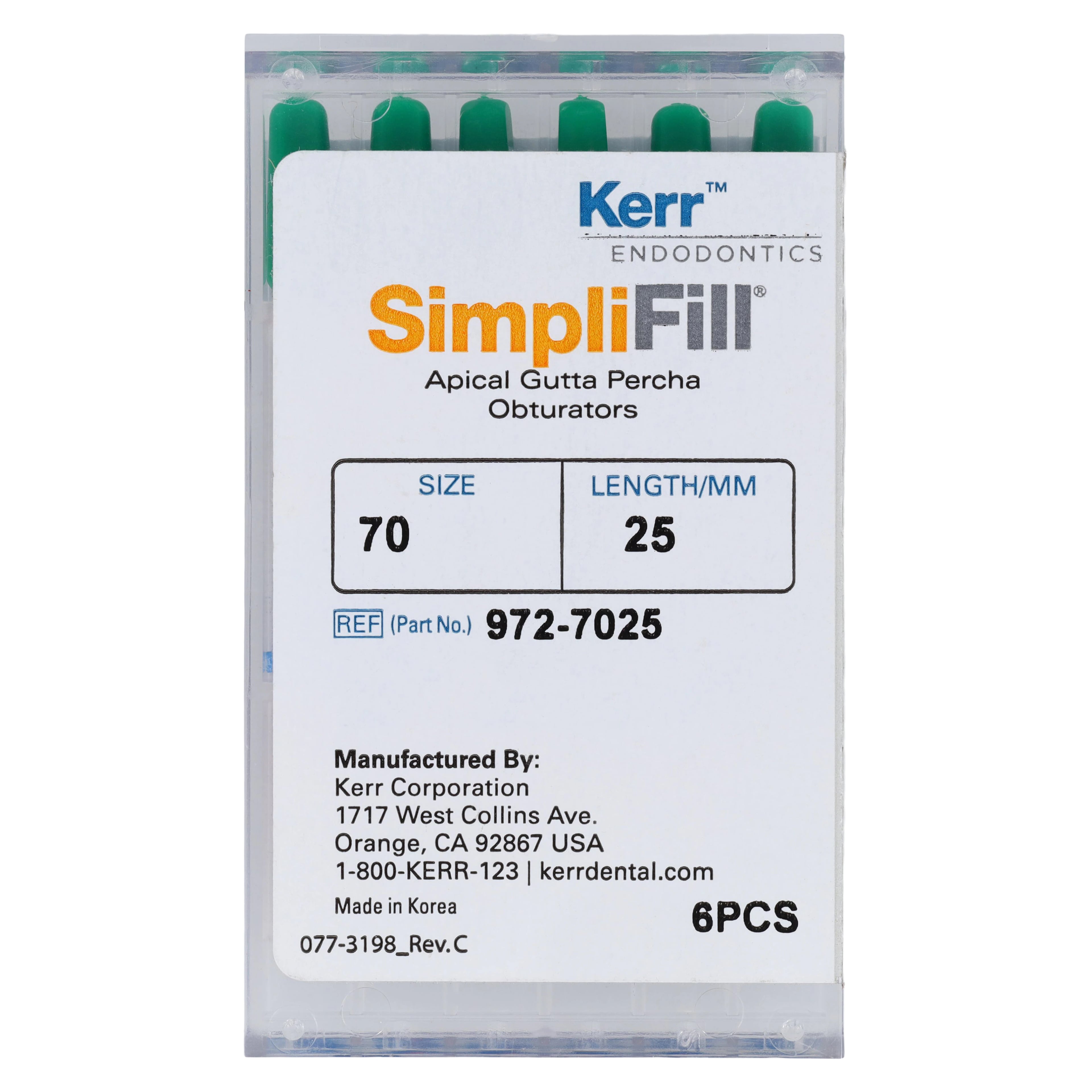 Kerr SimpliFill Apical Gutta Percha Obturators, Size 70, 25 mm, Green, 6/Pkg, 972-7025