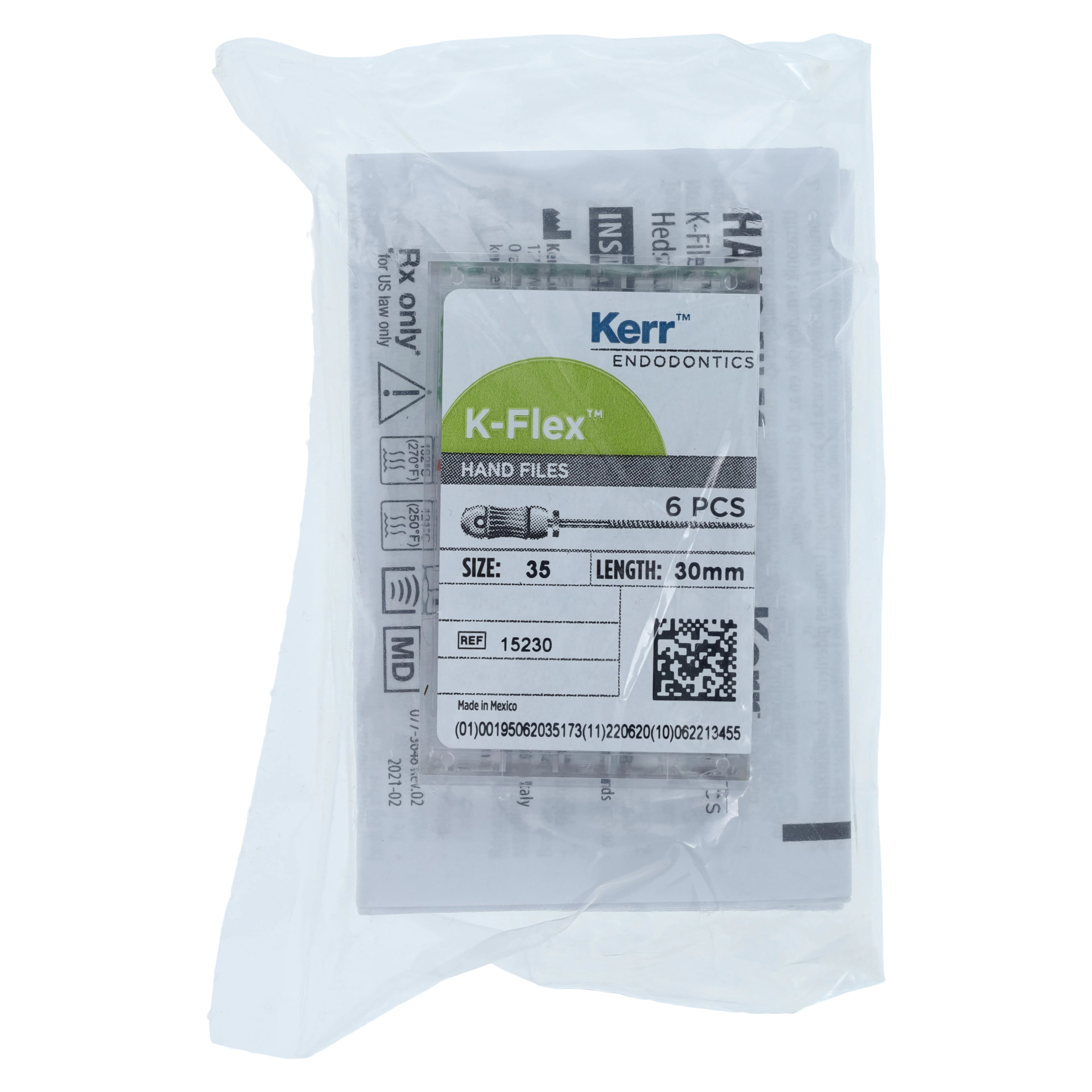 Kerr K-Flex Endodontic Files, #35 (Green), 30mm, Stainless Steel, 6/Pack, 15230