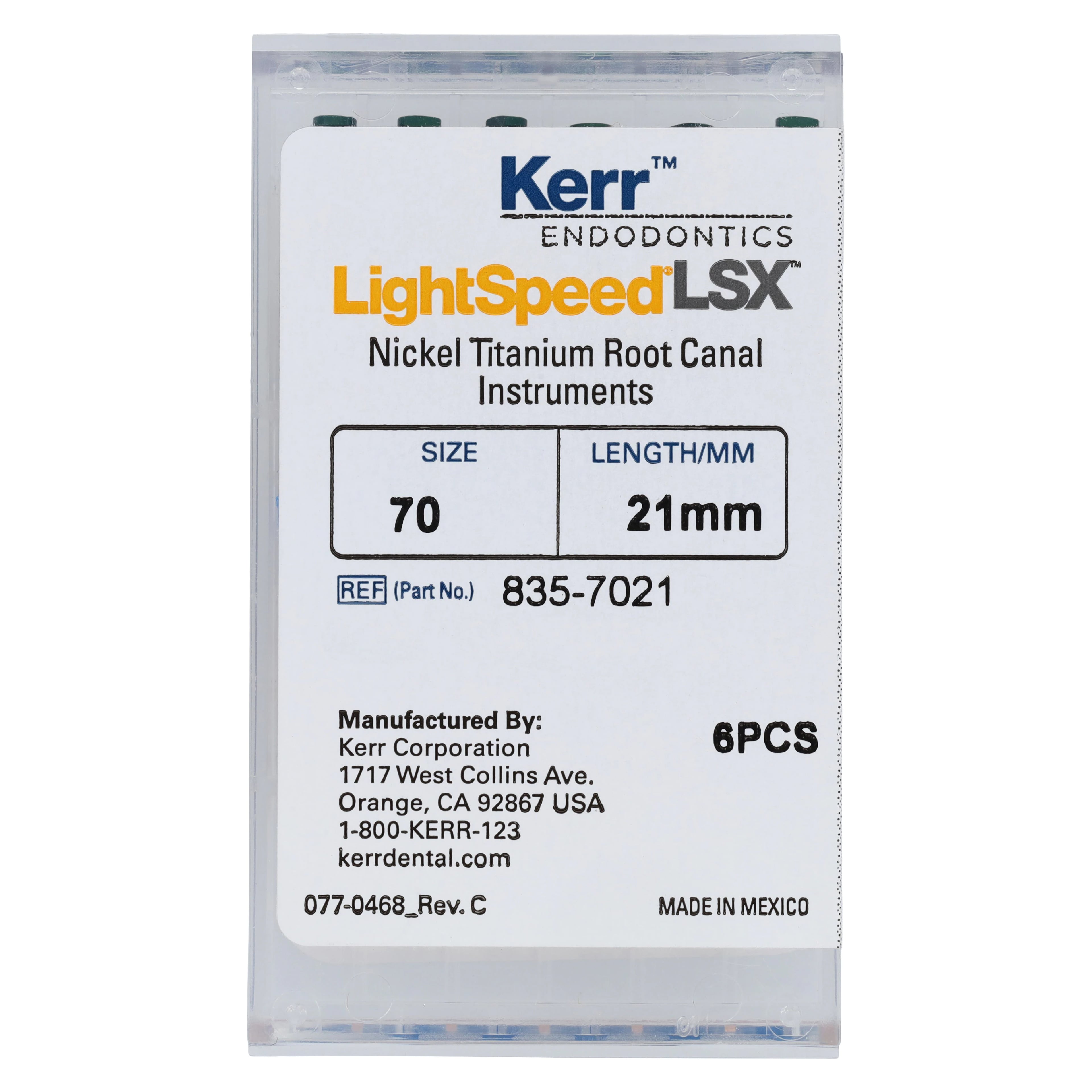 Kerr LightSpeed LSX Rotary File, Size 70, 21mm, Green, 6/Pack, LX21070 (835-7021)
